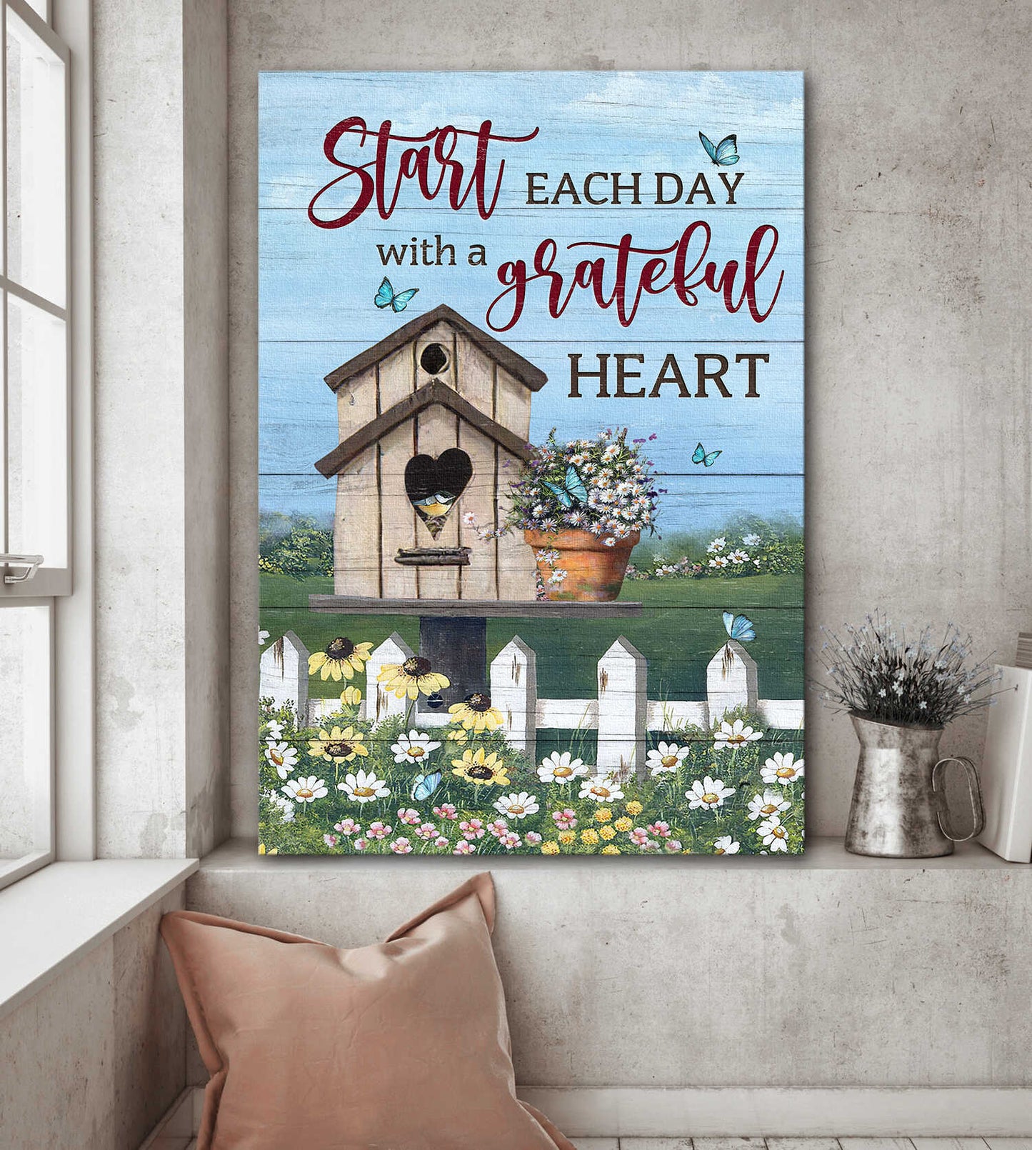 Jesus Portrait Canvas- Bird house painting, Daisy garden canvas- Gift for Christian- Start each day with a grateful heart - Portrait Canvas Prints, Wall Art