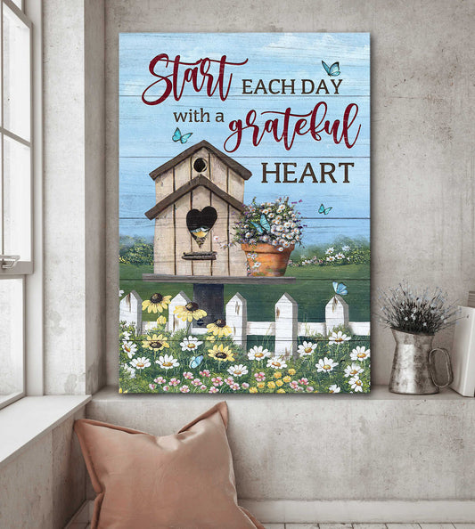 Jesus Portrait Canvas- Bird house painting, Daisy garden canvas- Gift for Christian- Start each day with a grateful heart - Portrait Canvas Prints, Wall Art