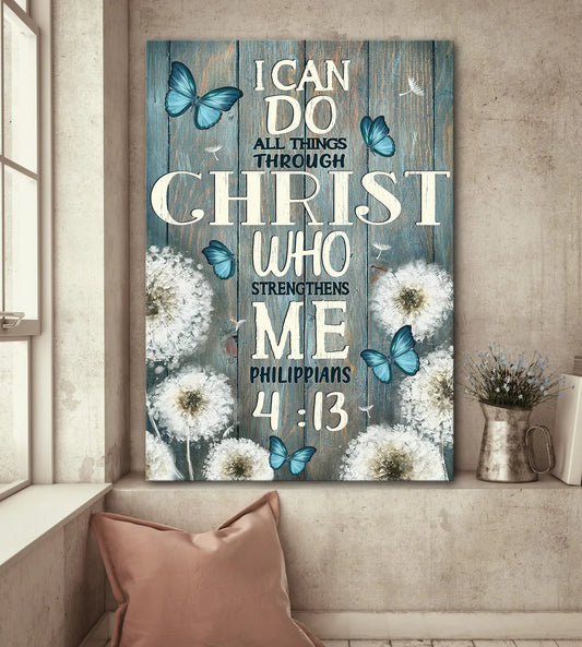 Jesus Portrait Canvas - White Dandelion Paining, Blue Butterfly Canvas - Gift For Christian - I Can Do All Things Through Christ Who Strengthens Me