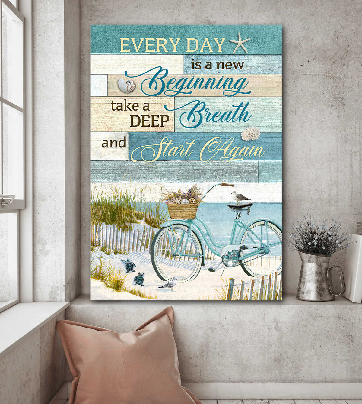 Jesus Portrait Canvas - Bicycle, By the beach Portrait Canvas - Gift For Christian - Every day is a new beginning Portrait Canvas