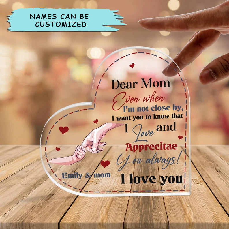 Mother's Day Daughter Holding Mother's Hand Heart Shaped Acrylic Plaque, Custom Names Heart Shaped Acrylic, Personalized Gift For Mom From Daughter