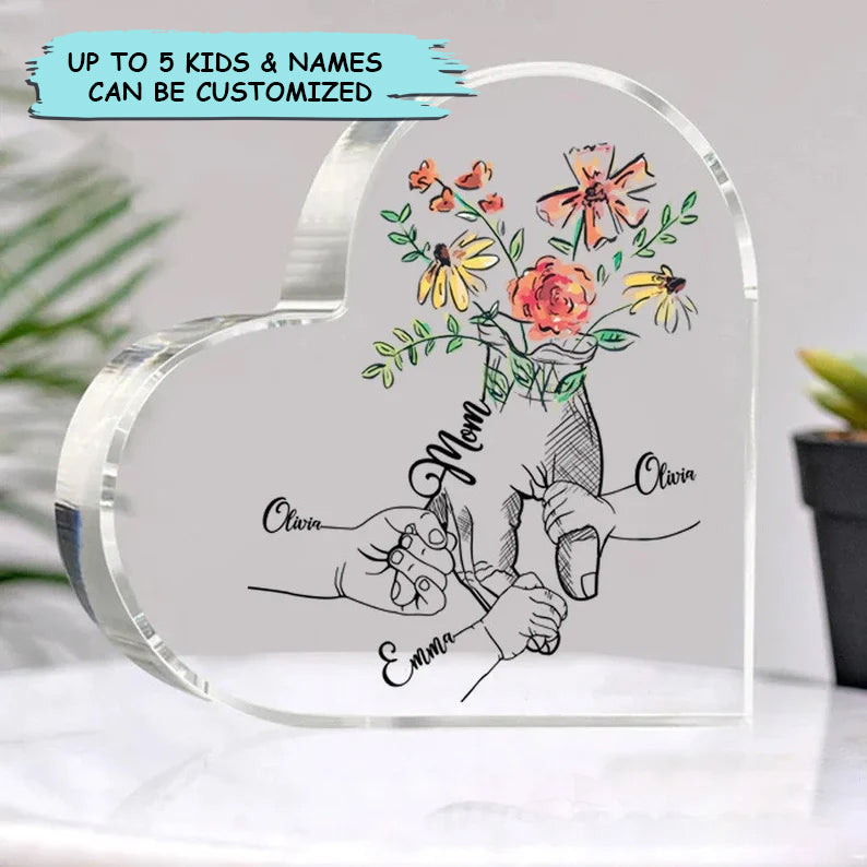 Mother's Day Kid Holding Mother's Hands Heart Shaped Acrylic Plaque, Custom Names Heart Shaped Acrylic, Personalized Gift For Mom, Grandma, Mimi, Nana