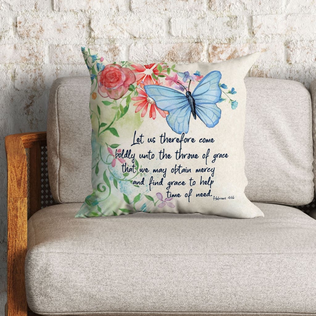 Bible Verse Pillow - Jesus Pillow - Red Rose, Blue Butterfly Pillow - Gift For Christian - Let Us Therefore Come Boldly Hebrews 4:16 Pillow