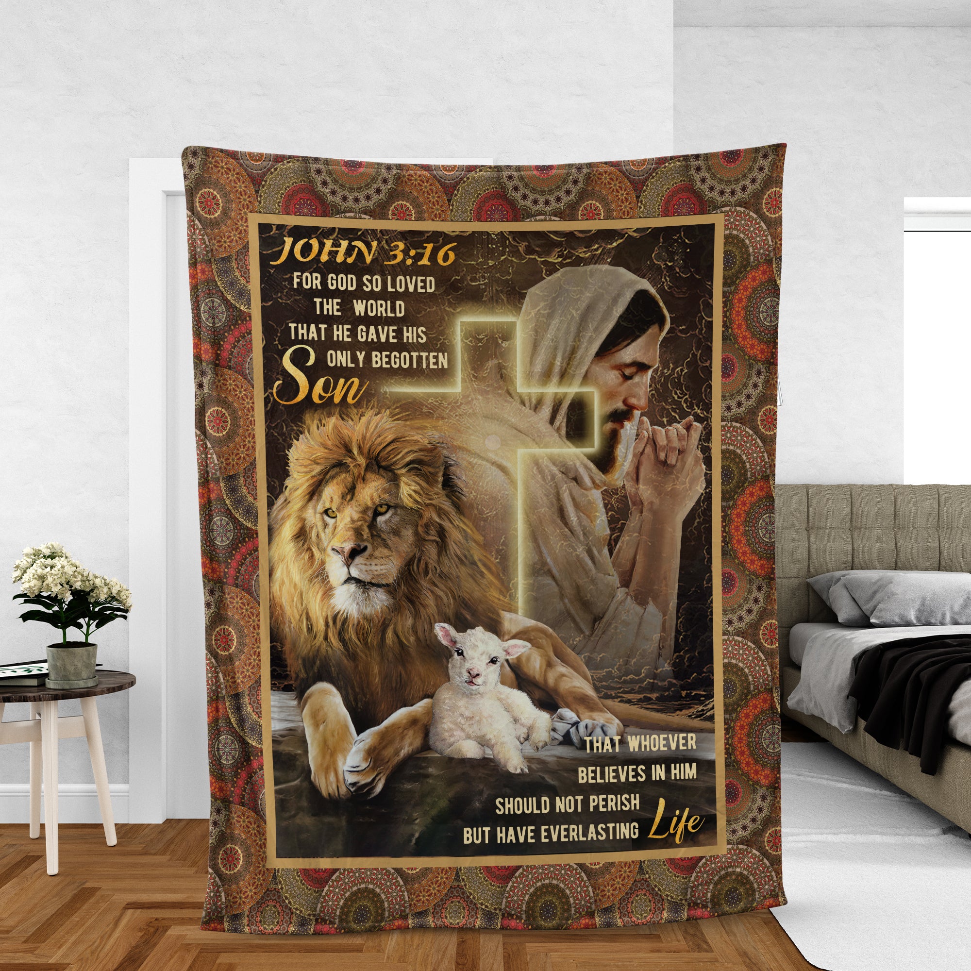 Christian Throw Blanket, Faith Blanket, Jesus Blanket, Inspirational Gift - Lion Of Judah, Lamb Of God, Cross And Bible, For God So Loved The World