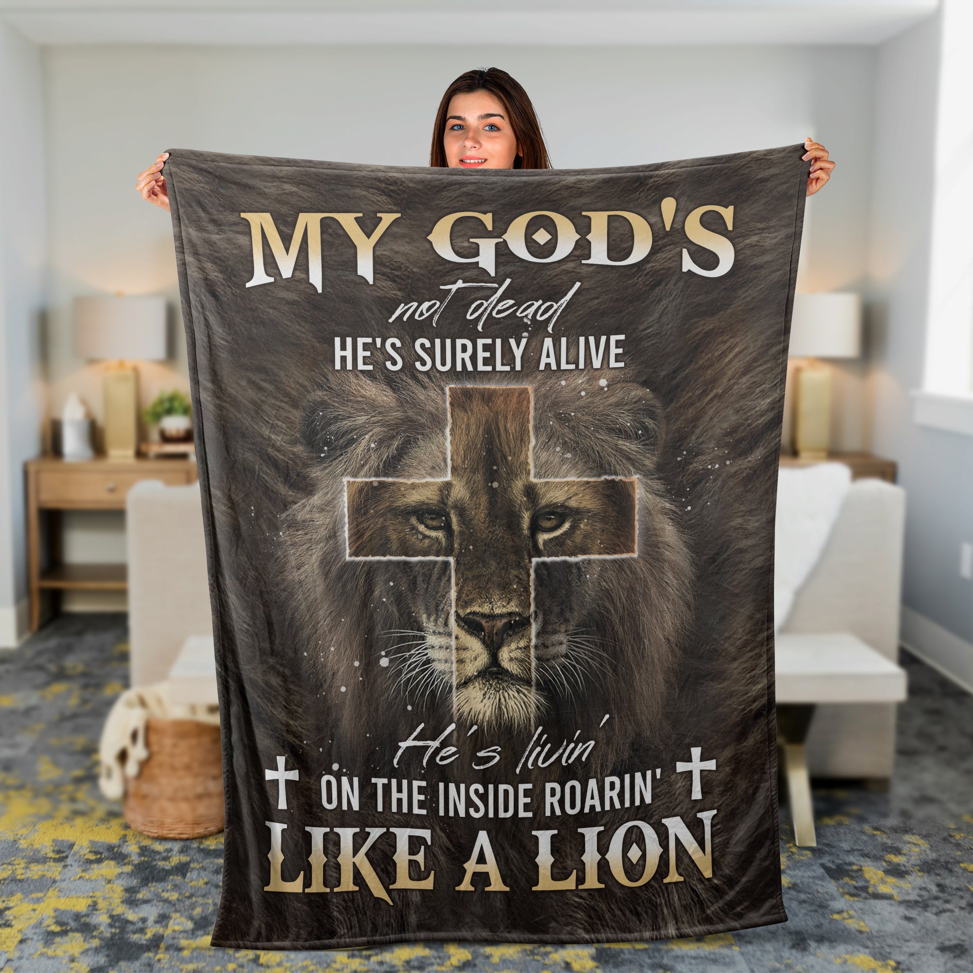 Christian Throw Blanket, Faith Blanket, Jesus Blanket, Inspirational Gift - Lion Of Judah, Lion Painting, The Holy Cross, My God Is Not Dead