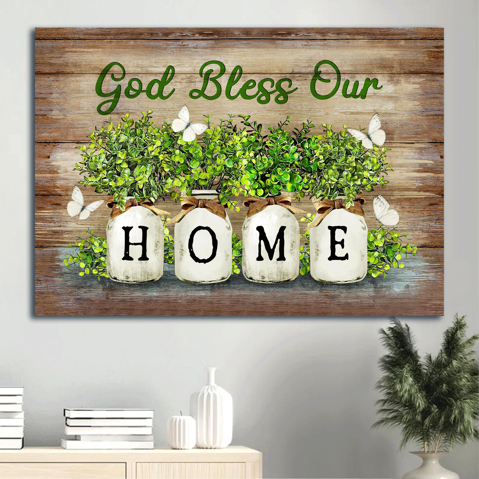 Jesus Landscape Canvas- Baby Rubber Plant Vase, White Butterfly Landscape Canvas- Gift For Christian- God Bless Our Home