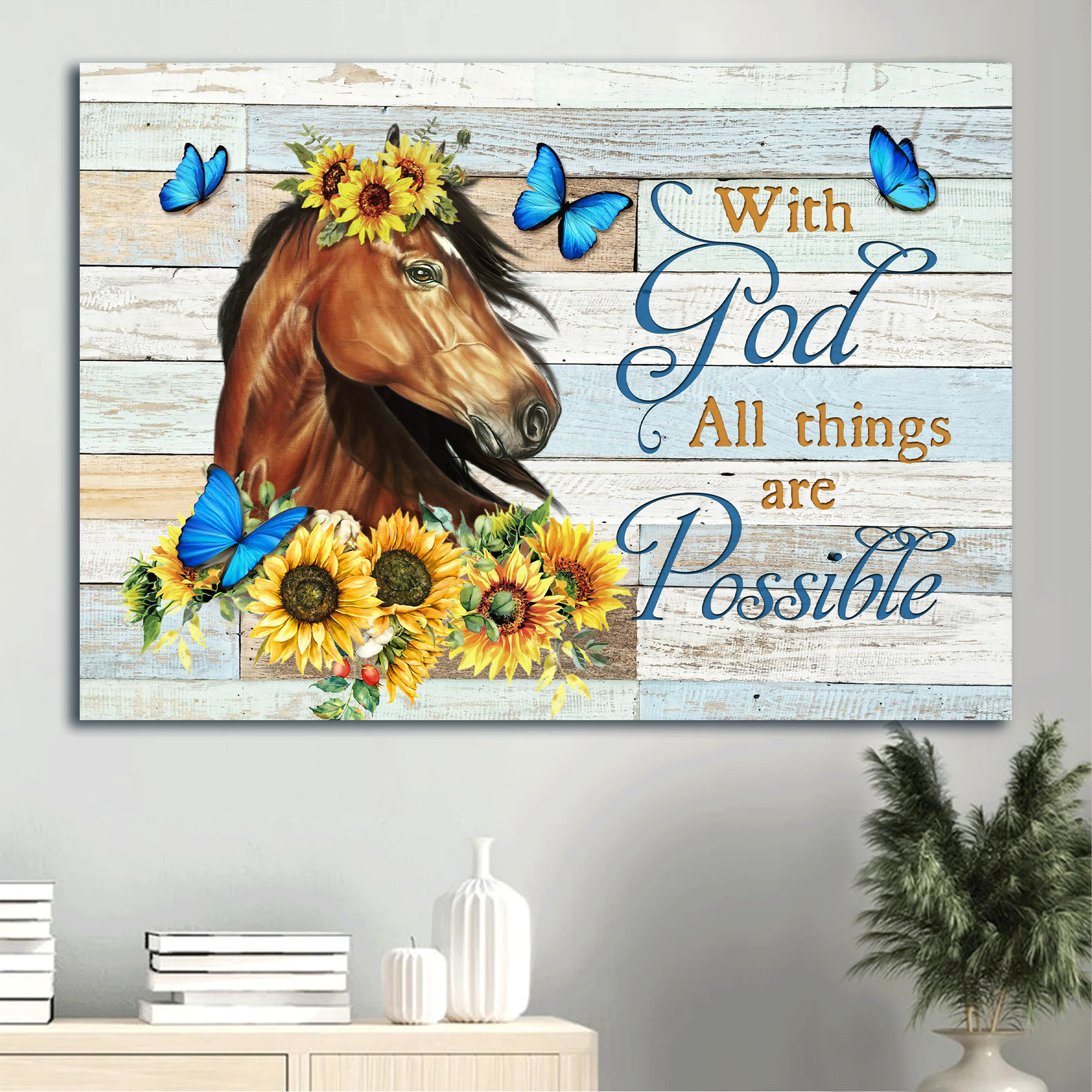 Jesus Landscape Canvas- Beautiful horse painting, Sunflower drawing, Blue butterfly canvas- Gift for Christian- With God all things are possible