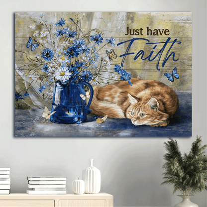 Jesus Landscape Canvas- Blue daisy, White daisy, Orange tabby cat, Just have faith canvas- Gift for Christian- Landscape Canvas Prints, Christian Wall Art