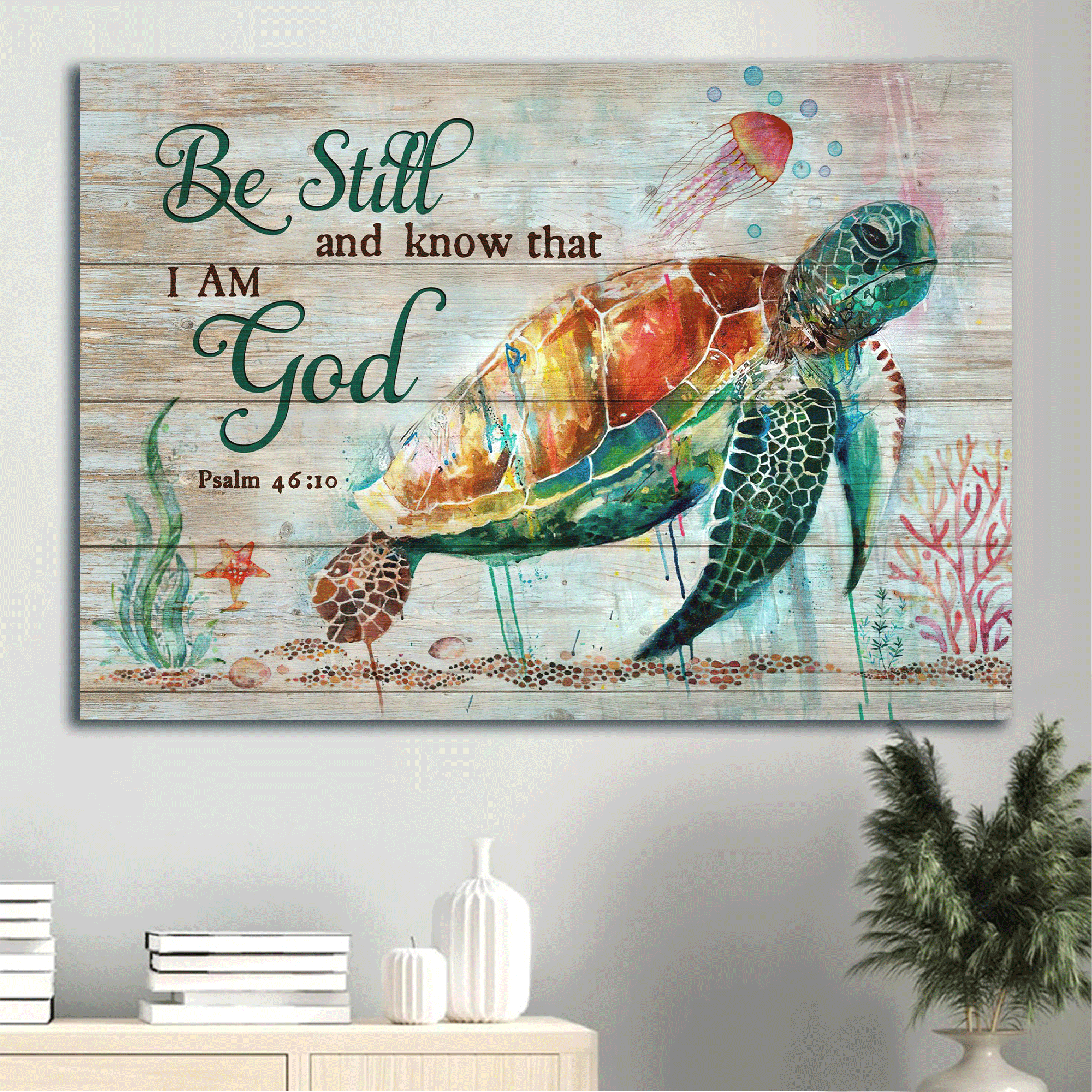 Jesus Landscape Canvas - Big sea turtle, Stunning turtle, Ocean painting Landscape Canvas - Gift For Christian - Be still and know that I am God Landscape Canvas