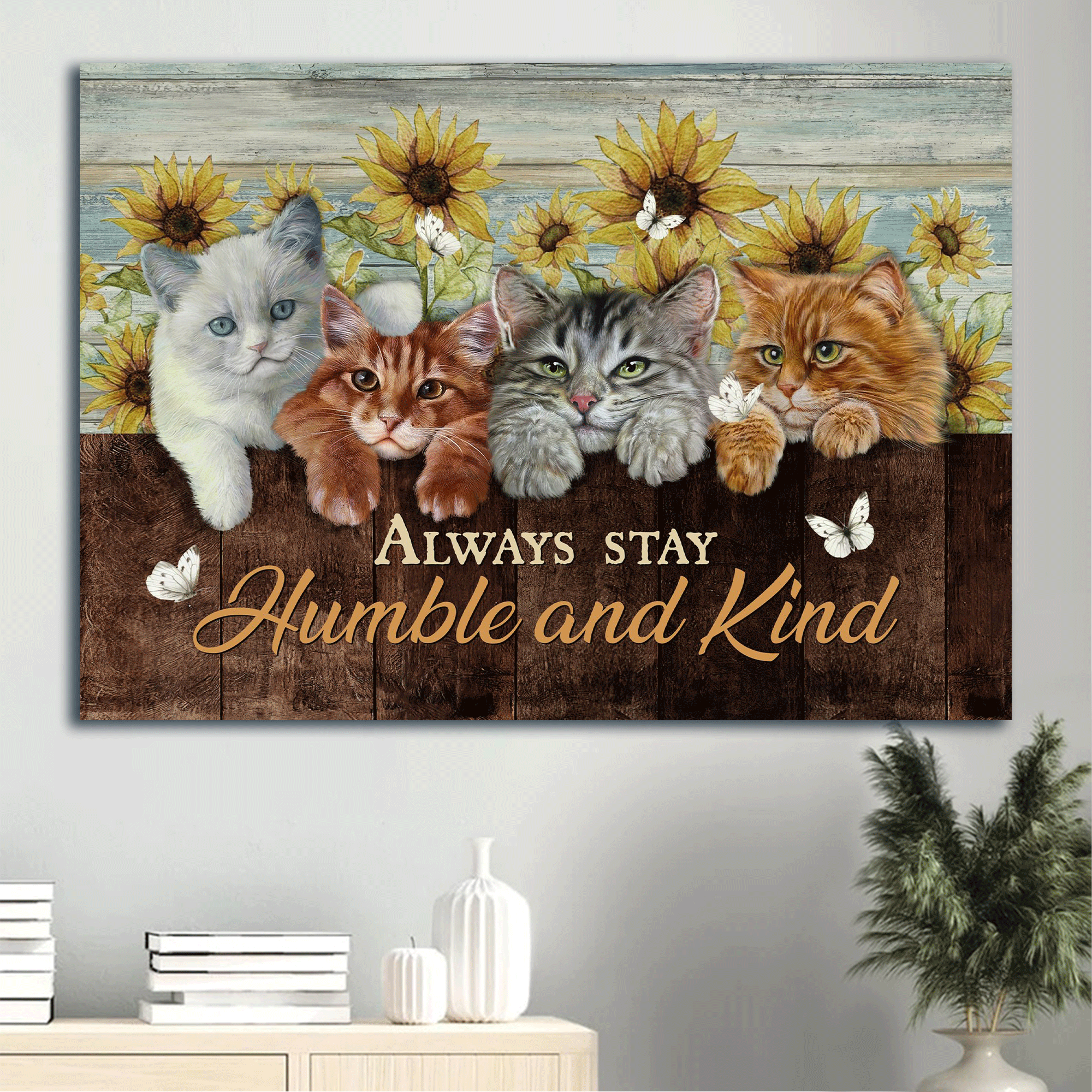 Jesus Landscape Canvas - Lovely cat painting, Sunflower frame, White butterfly Landscape Canvas - Gift For Christian - Always stay humble And Kind Landscape Canvas