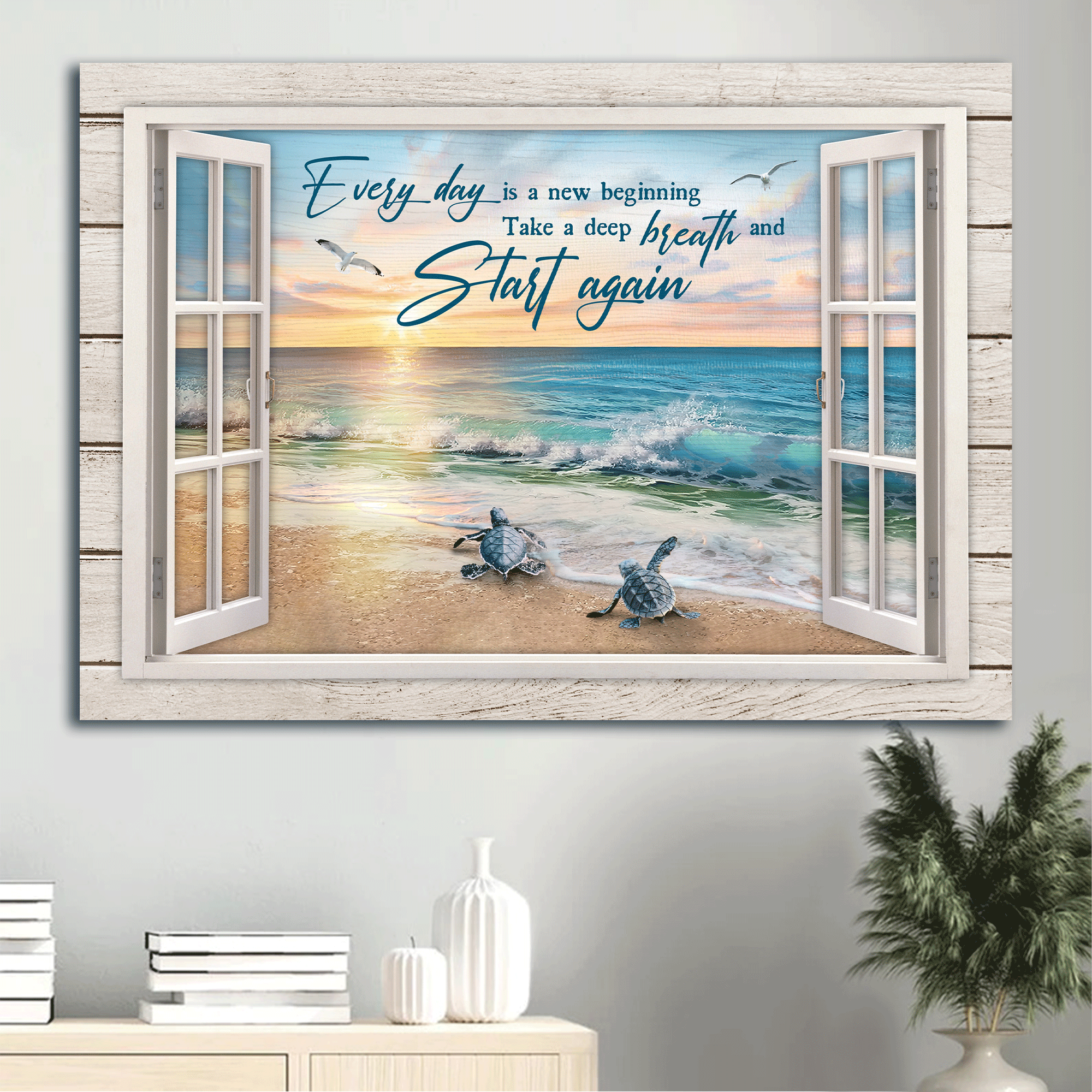 Jesus Landscape Canvas- Beach Painting, Sea Turtles, Inspirational Quote, Seagull Painting Canvas- Gift For Christian- Every Day Is A New Beginning