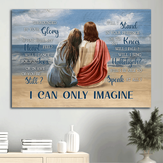 Jesus Landscape Canvas- Blue beach painting, Pretty girl, Ocean view canvas- Gift for Christian- I can only imagine - Landscape Canvas Prints, Christian Wall Art