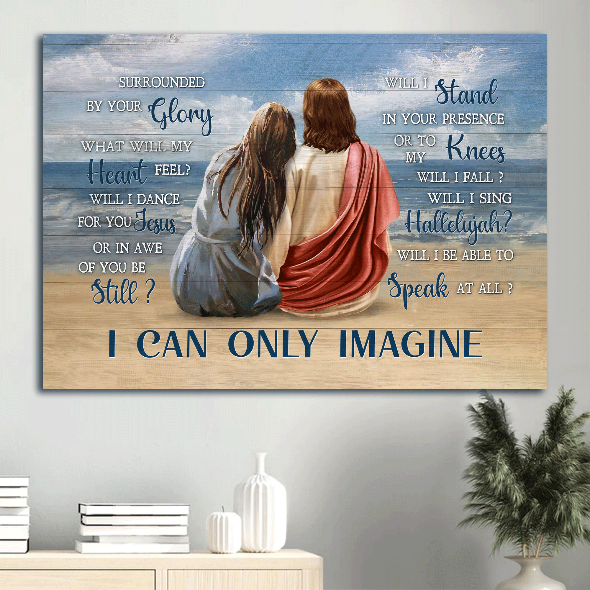 Jesus Landscape Canvas- Blue beach painting, Pretty girl, Ocean view canvas- Gift for Christian- I can only imagine - Landscape Canvas Prints, Christian Wall Art