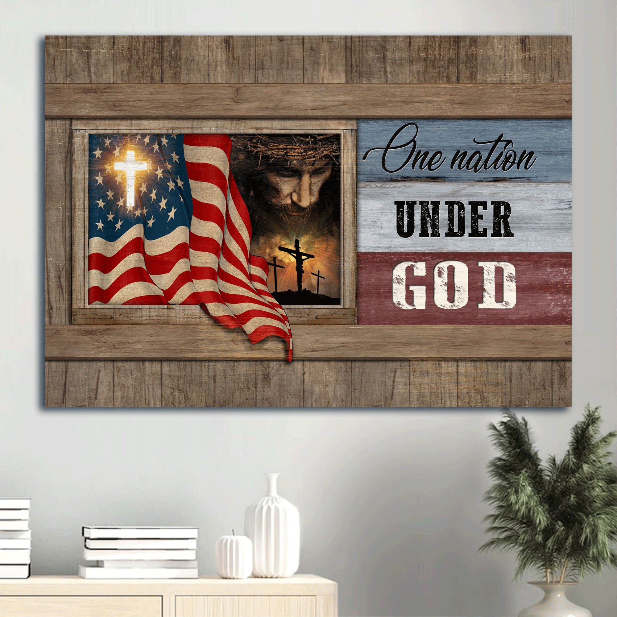 Jesus Landscape Canvas - Beautiful Us Flag, Face Of Jesus, Window Painting Landscape Canvas - Gift For Christian - One Nation Under God