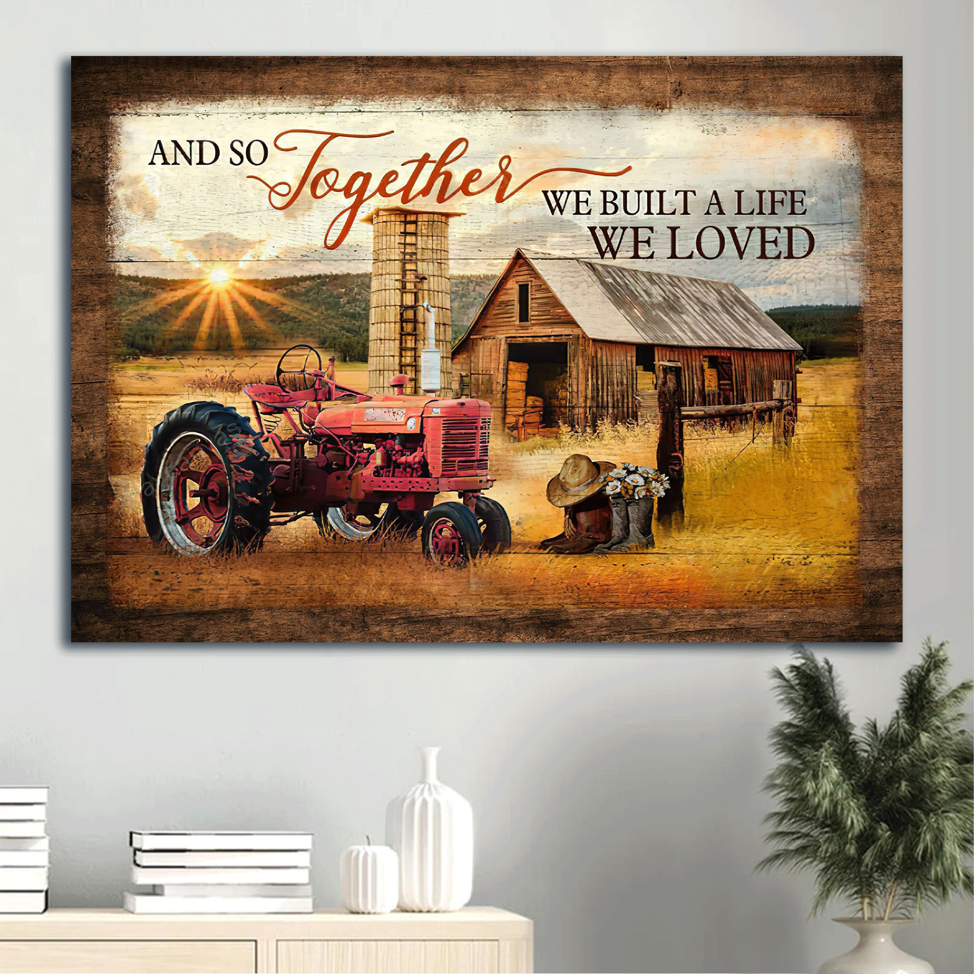 Jesus Landscape Canvas - Old Barn Painting, Electric Tricycle, Sunset Landscape Landscape Canvas - Gift For Christian - And so together we built the life we loved Landscape Canvas