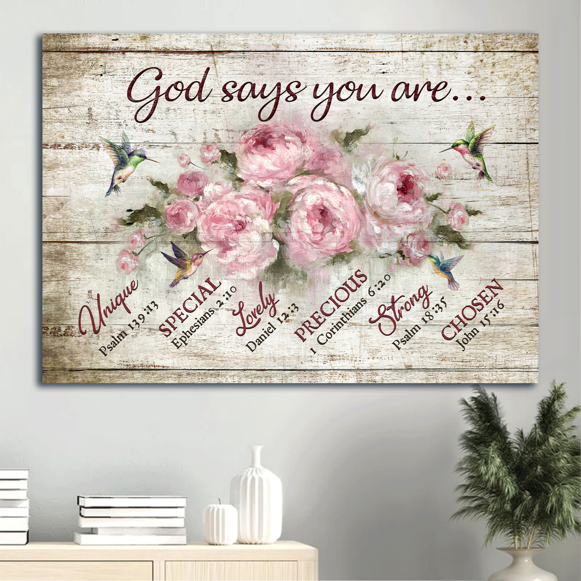 Jesus Landscape Canvas - Bible verse, Watercolor hummingbird, Pink flower painting Landscape Canvas - Gift For Christian - God says you are