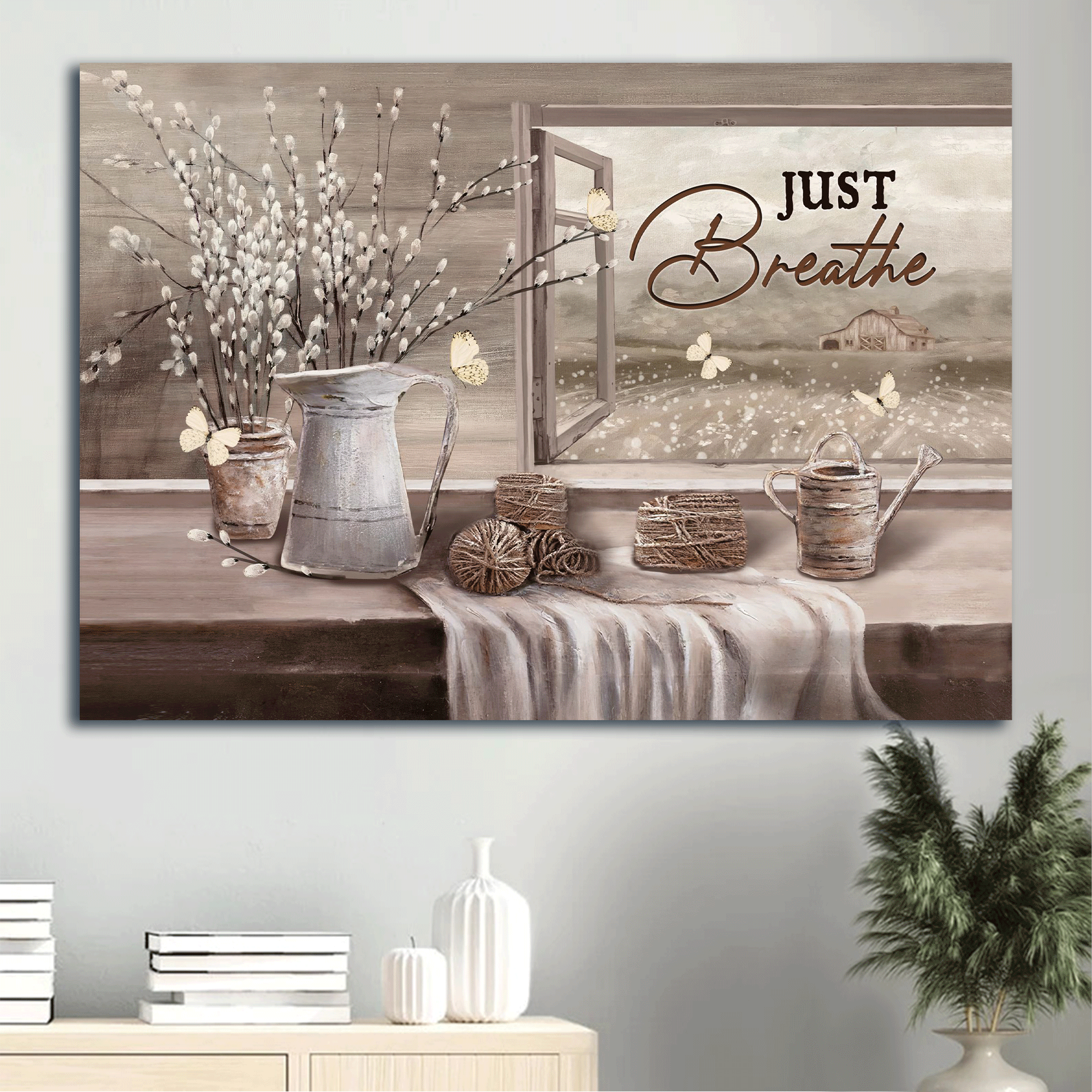 Jesus Landscape Canvas- Baby Flower, Rope Drawing, Vintage Painting, White Butterfly Canvas, Just Breathe Canvas- Gift For Christian