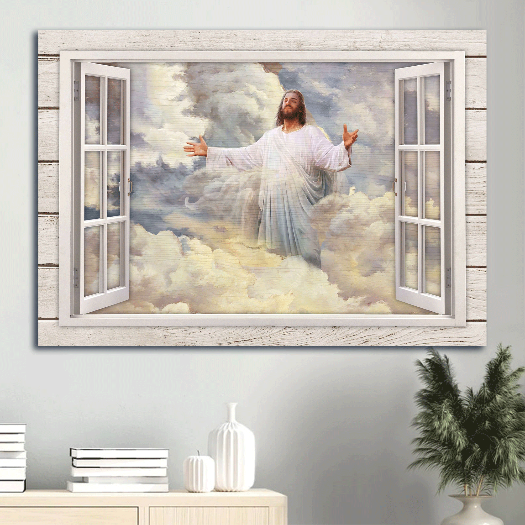 Jesus Landscape Canvas - Beautiful heaven, Jesus painting, Vintage windows, Jesus in the clouds canvas- Gift for Christian