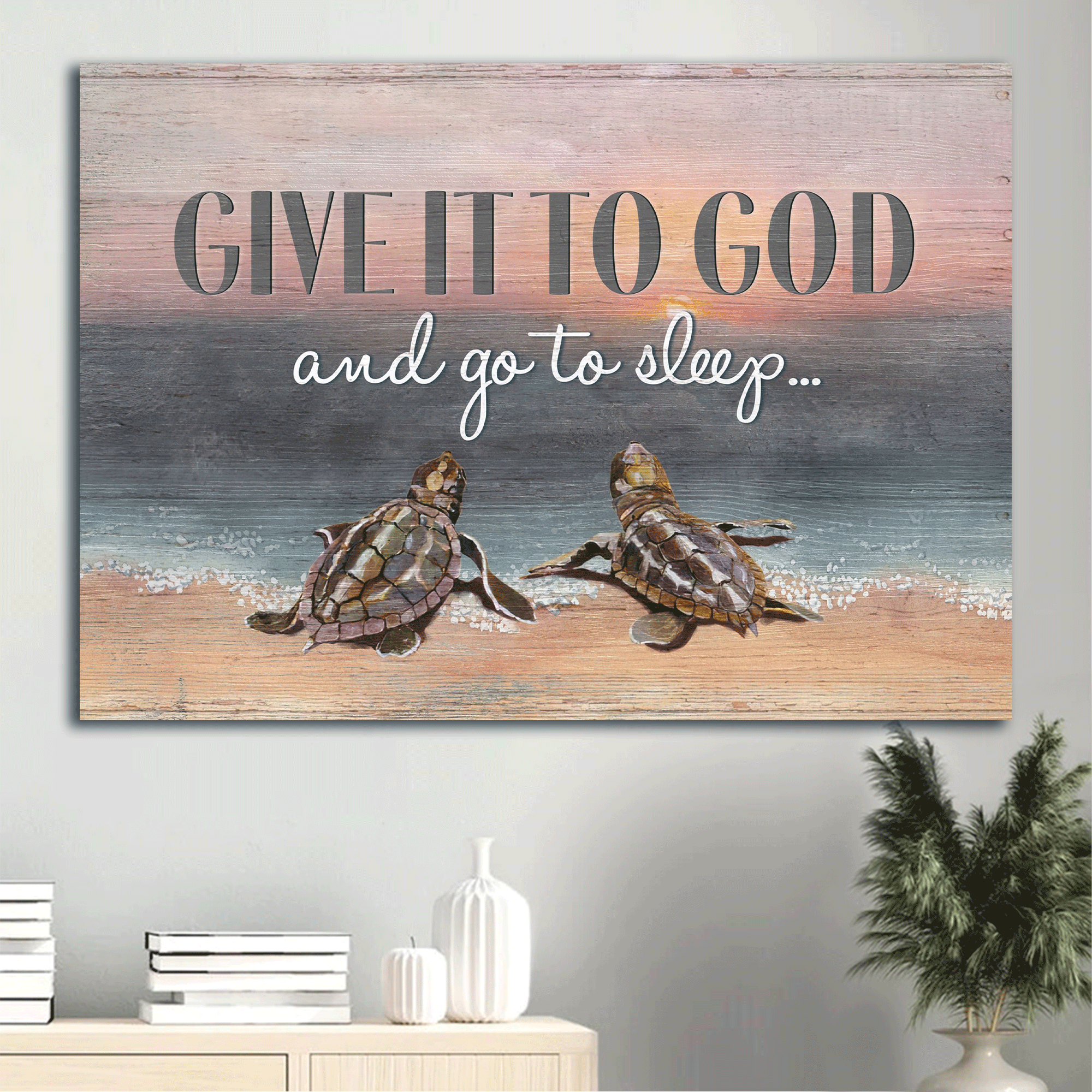 Jesus Landscape Canvas - Seaturtle Painting, On The Beach Landscape Canvas - Inspirational Gift, Gift For Religious Christian - Give It To God And Go To Sleep