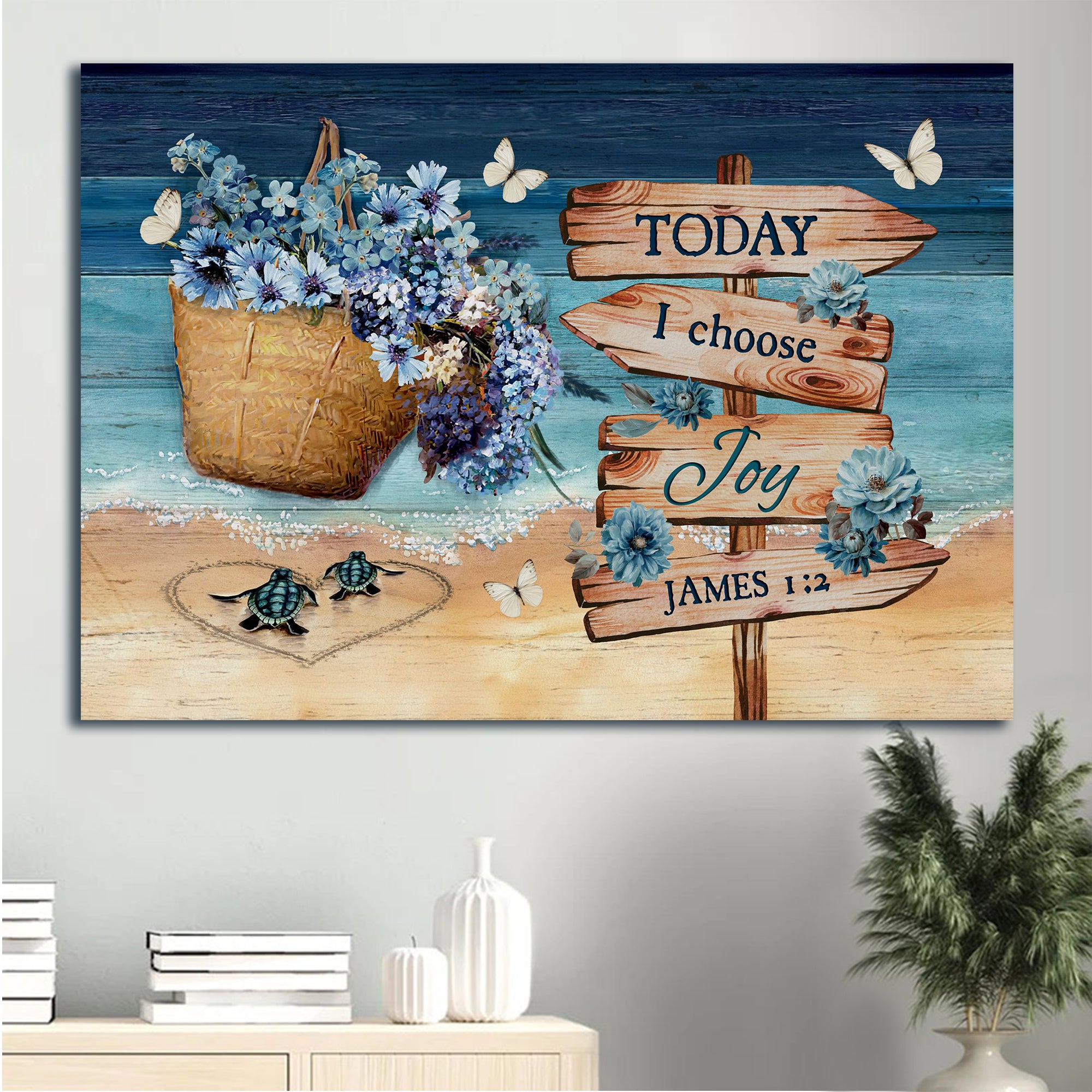 Jesus Landscape Canvas - Blue flowers, Sea turtles, White butterfly, Beach painting Landscape Canvas - Gift For Christian -Today I choose you Landscape Canvas