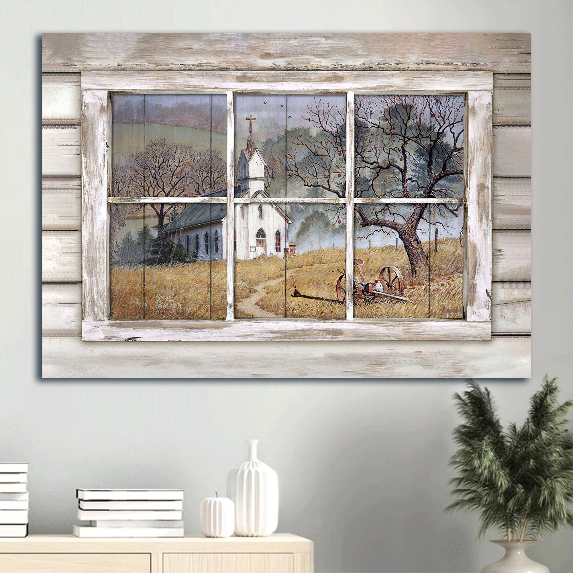 Jesus Landscape Canvas - Beautiful Church, Country Church Through Rustic Window, Yellow Meadow Landscape Canvas - Gift For Christian