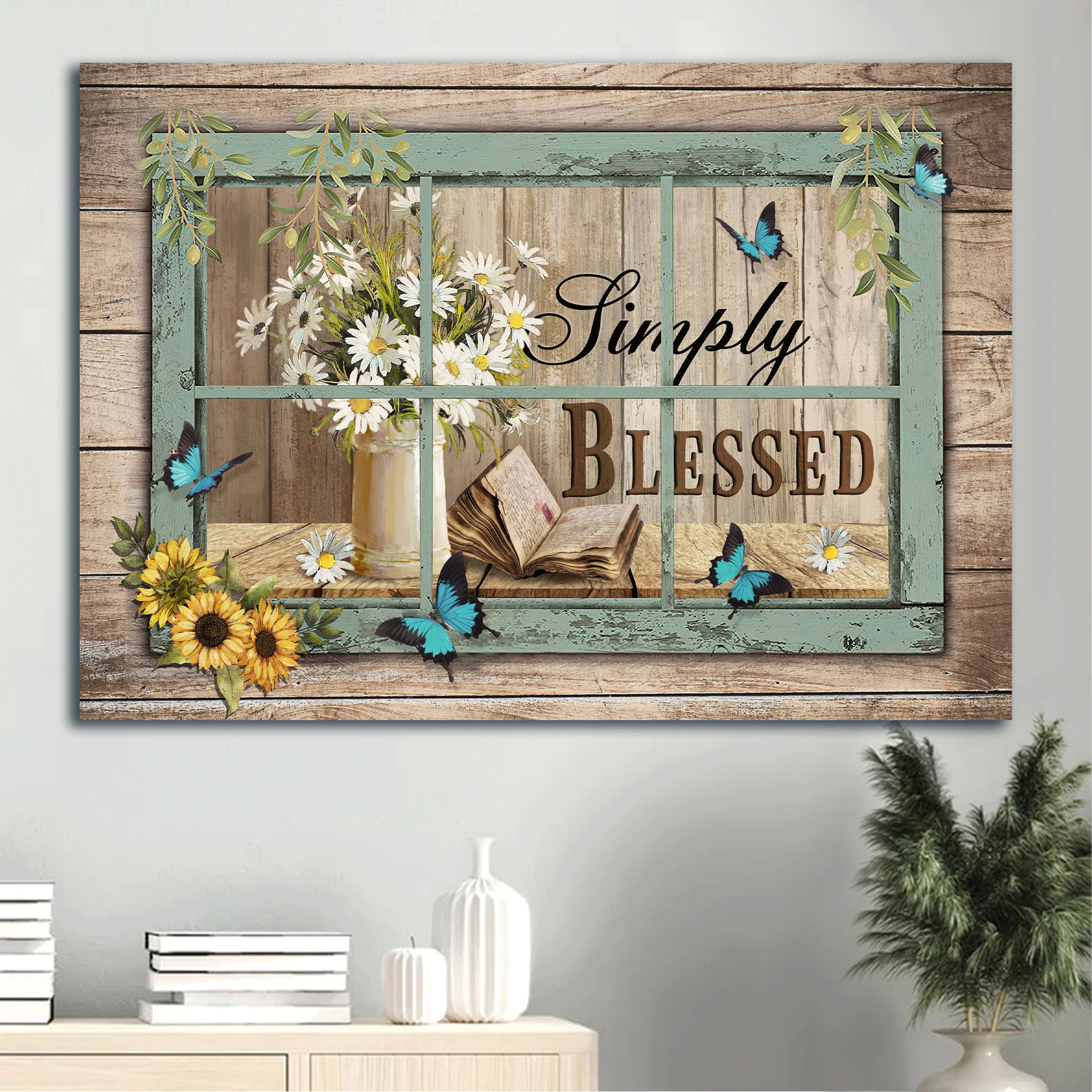 Jesus Landscape Canvas - Bible book, Daisy flowers, Sunflower Landscape Canvas - Gift For Christian - Simply blessed