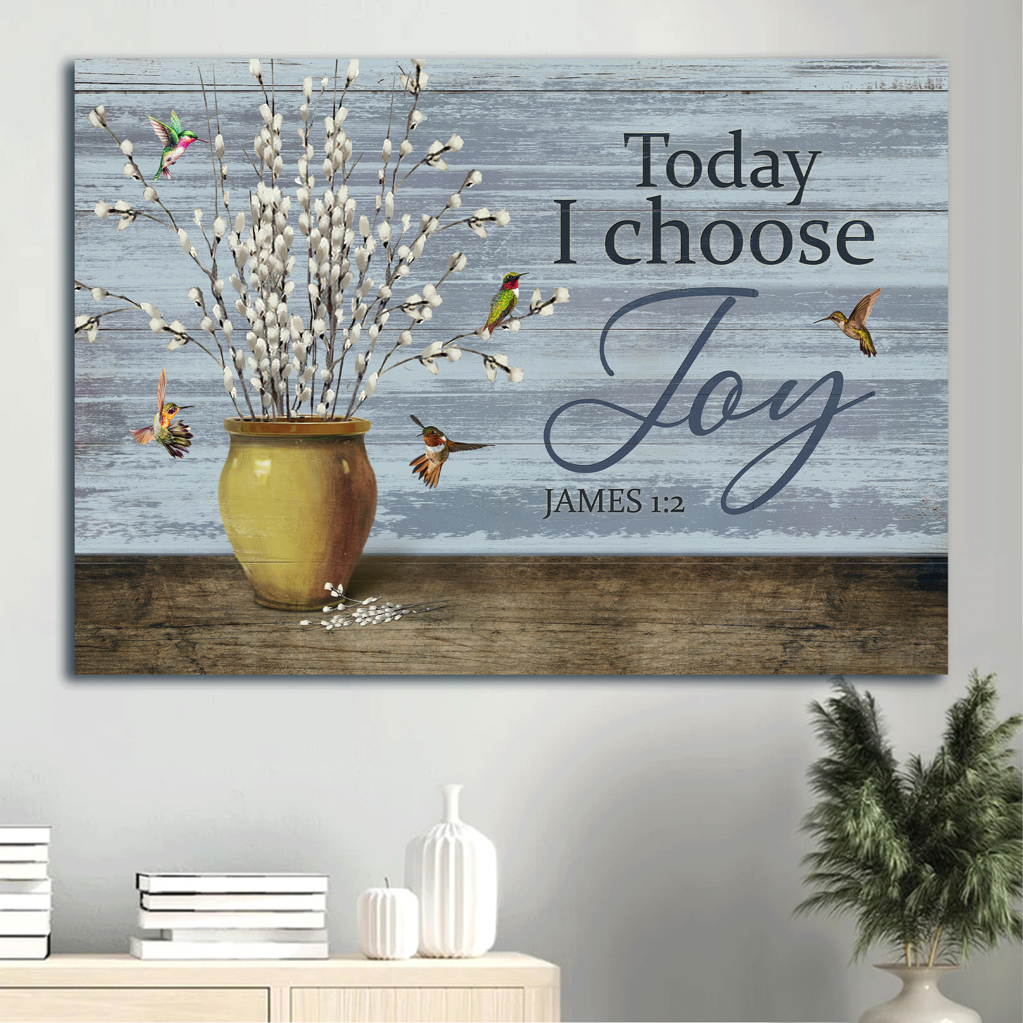 Jesus Landscape Canvas- Baby White Flower, Ceramic Vase, Colorful Hummingbird Canvas- Gift For Christian- Today I Choose Joy