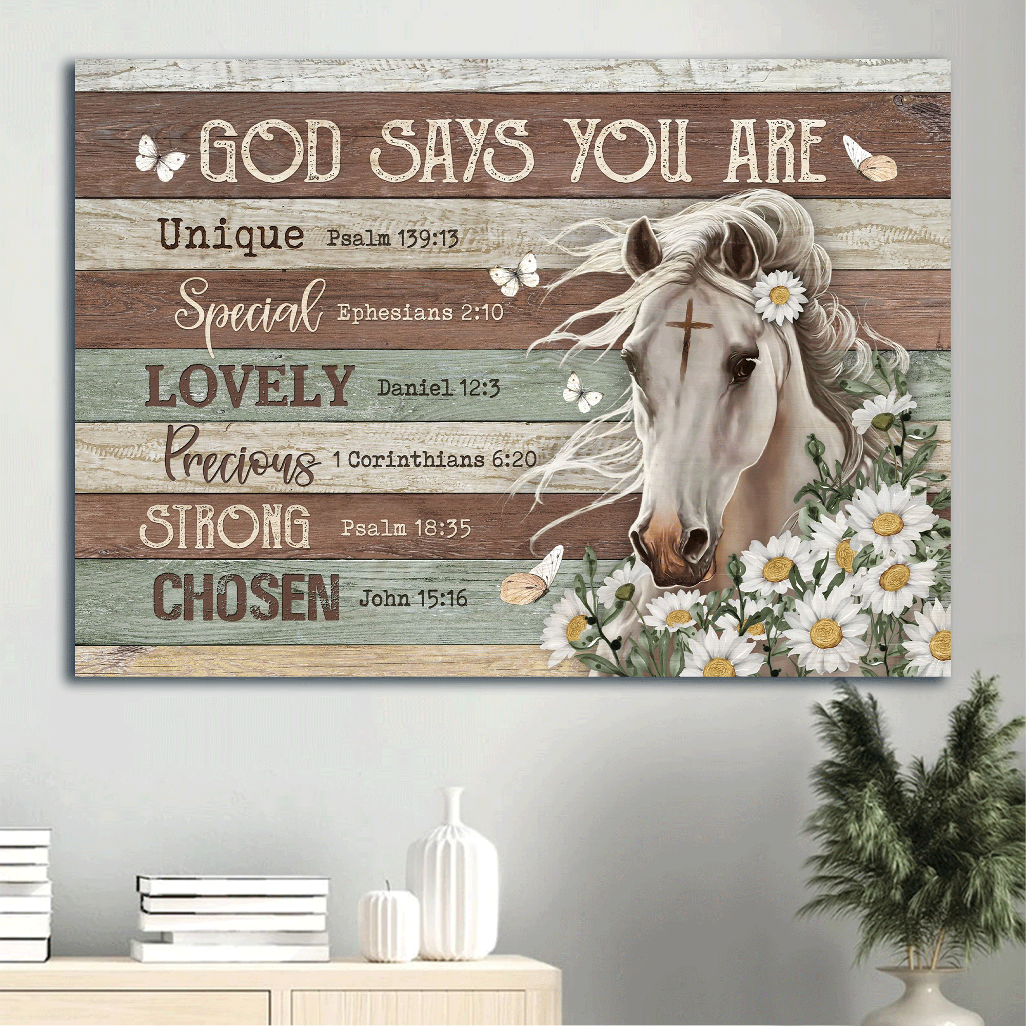 Jesus Landscape Canvas - Beautiful white horse, Horse drawing, Daisy flower Landscape Canvas - Gift For Christian - God says you are