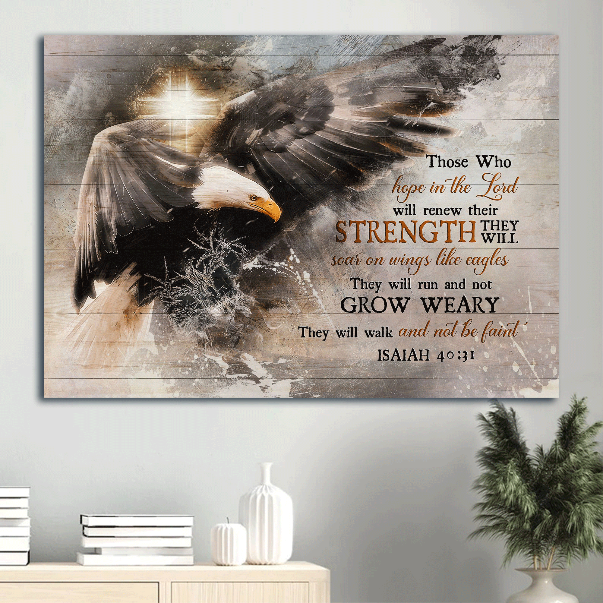 Jesus Landscape Canvas- Bald Eagle, Cross Symbol Landscape Canvas- Gift For Christian- They Will Walk And Not Be Faint