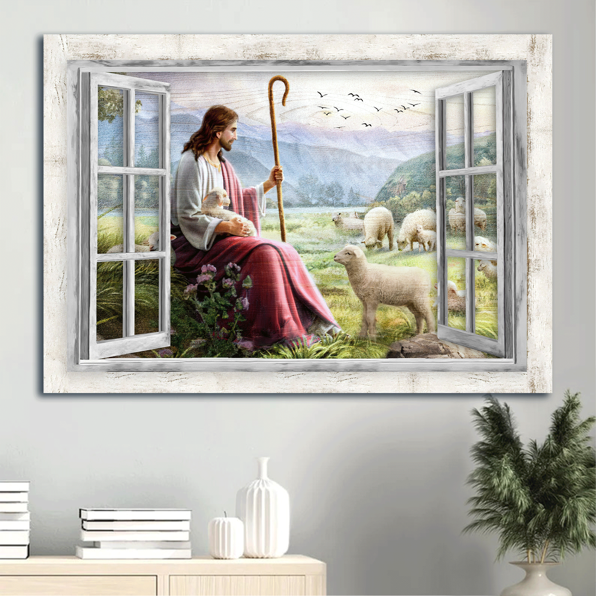 Jesus Landscape Canvas - Beautiful meadow, Lamb of God, The passion of Jesus, Pretty sunset Landscape Canvas - Gift For Christian