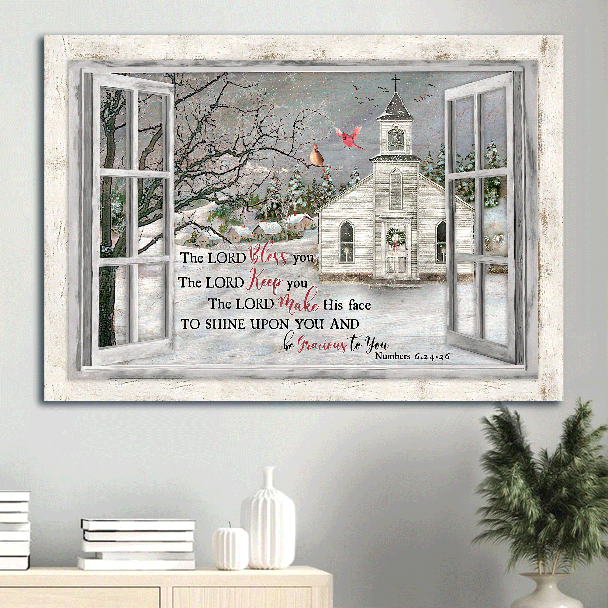 Jesus Landscape Canvas - Beautiful church, First day of winter, Cardinal Landscape Canvas - Gift For Christian - The Lord bless you