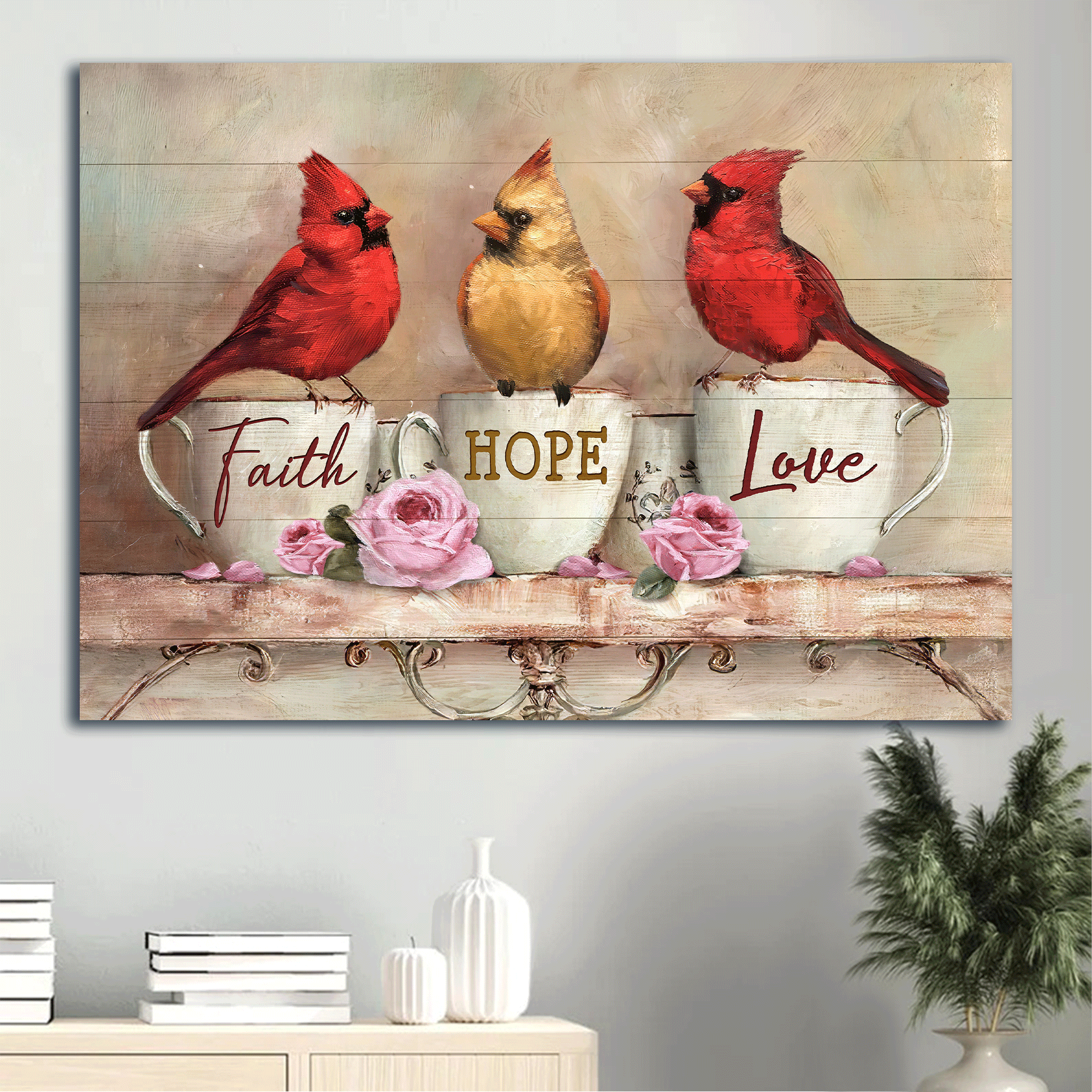 Jesus Landscape Canvas - Little cardinal, Vintage cup, Pink rose Landscape Canvas - Gift For Christian - Faith Hope Love Landscape Canvas