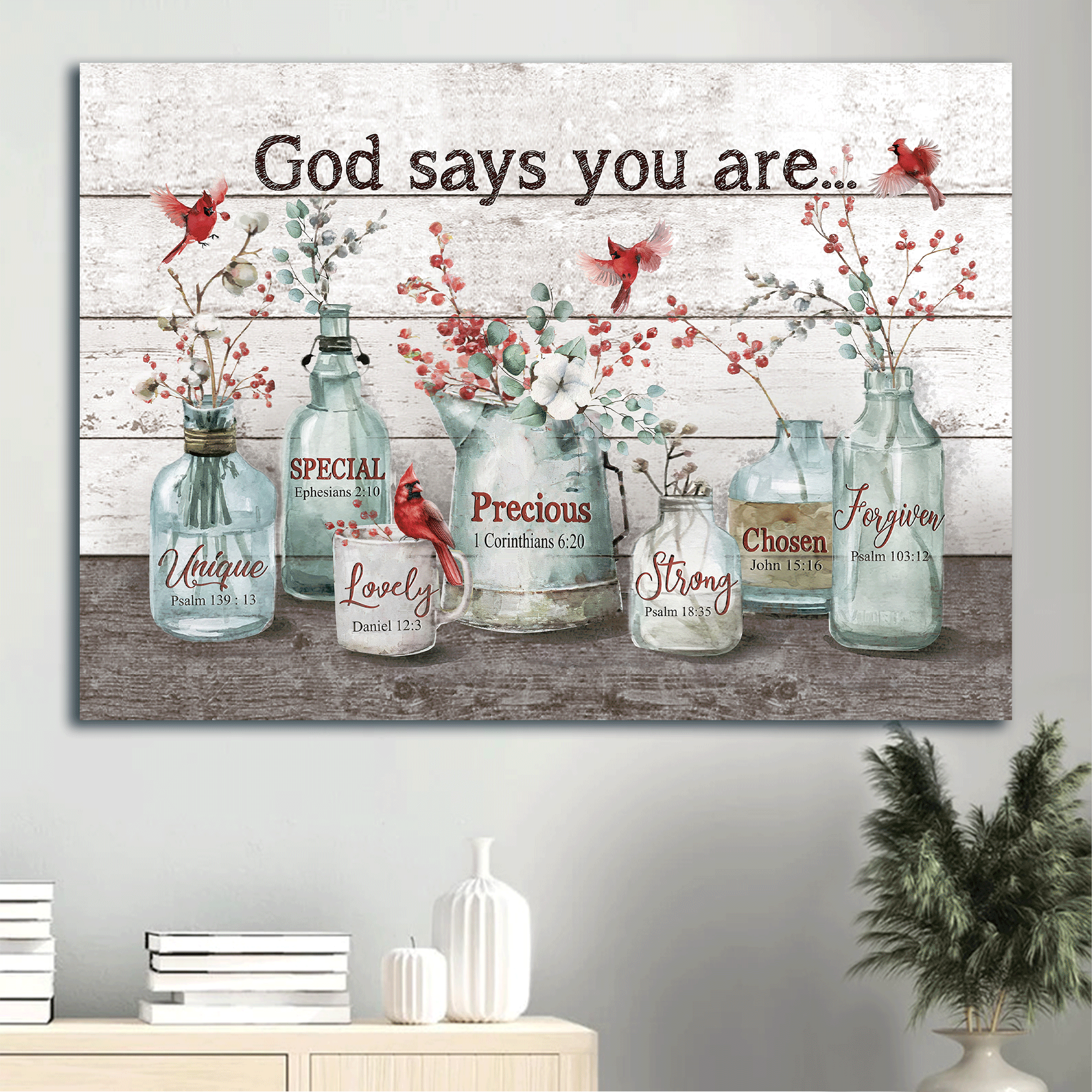 Jesus Landscape Canvas- Baby Flower, Cardinal Painting, Crystal Vase Canvas- Gift For Christian- God Says You Are