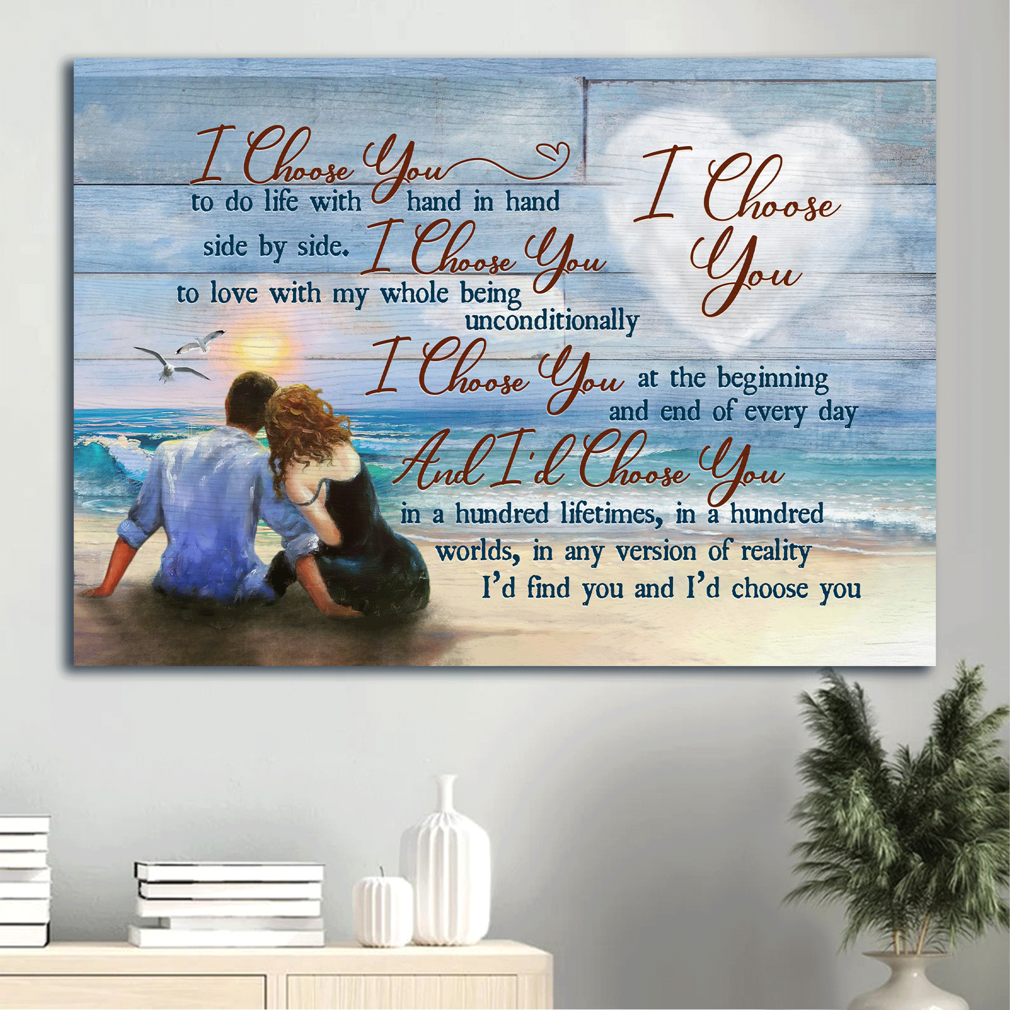 Couple Landscape Canvas, Beautiful couple, Blue ocean, Sunset drawing Canvas, Gift For Couples, Husband, Wife, Boyfriend - And I'd choose you