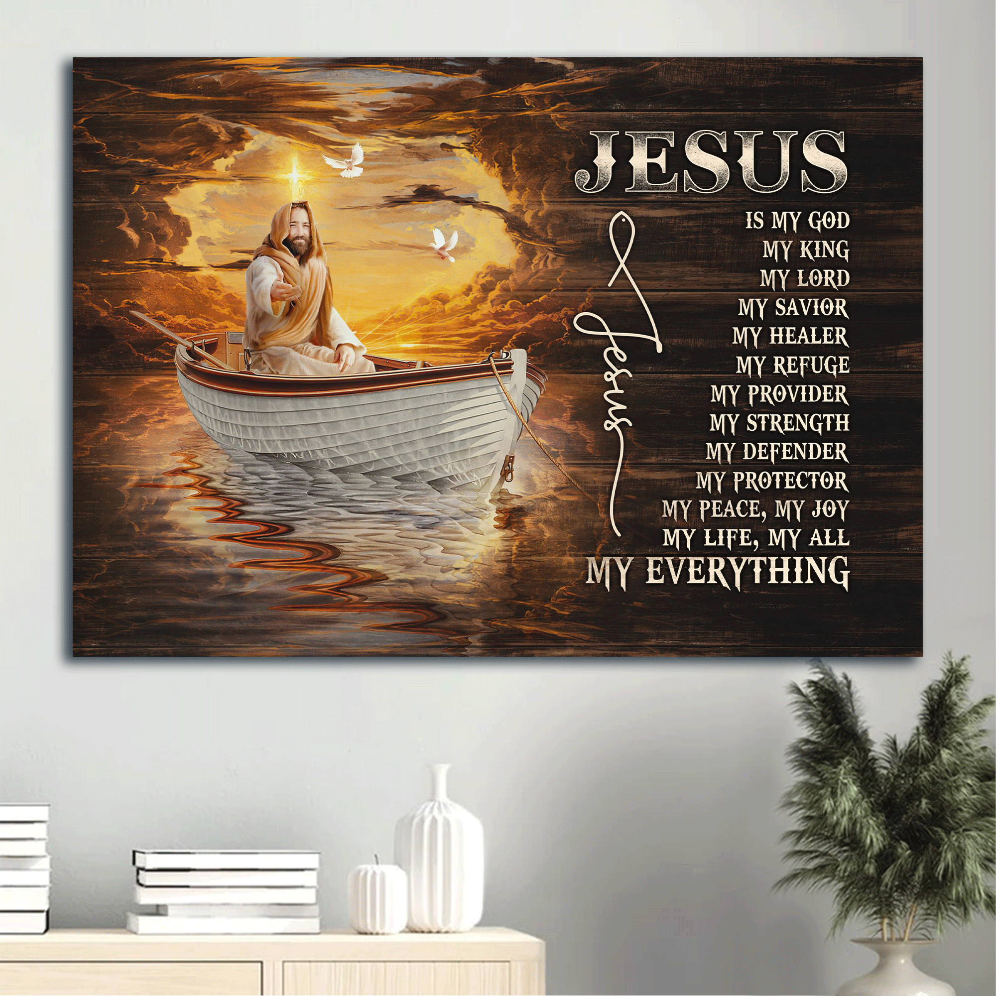 Jesus Landscape Canvas - Jesus painting, A boat trip with Jesus, Light from heaven Landscape Canvas - Gift For Christian - Jesus is my everything Landscape Canvas