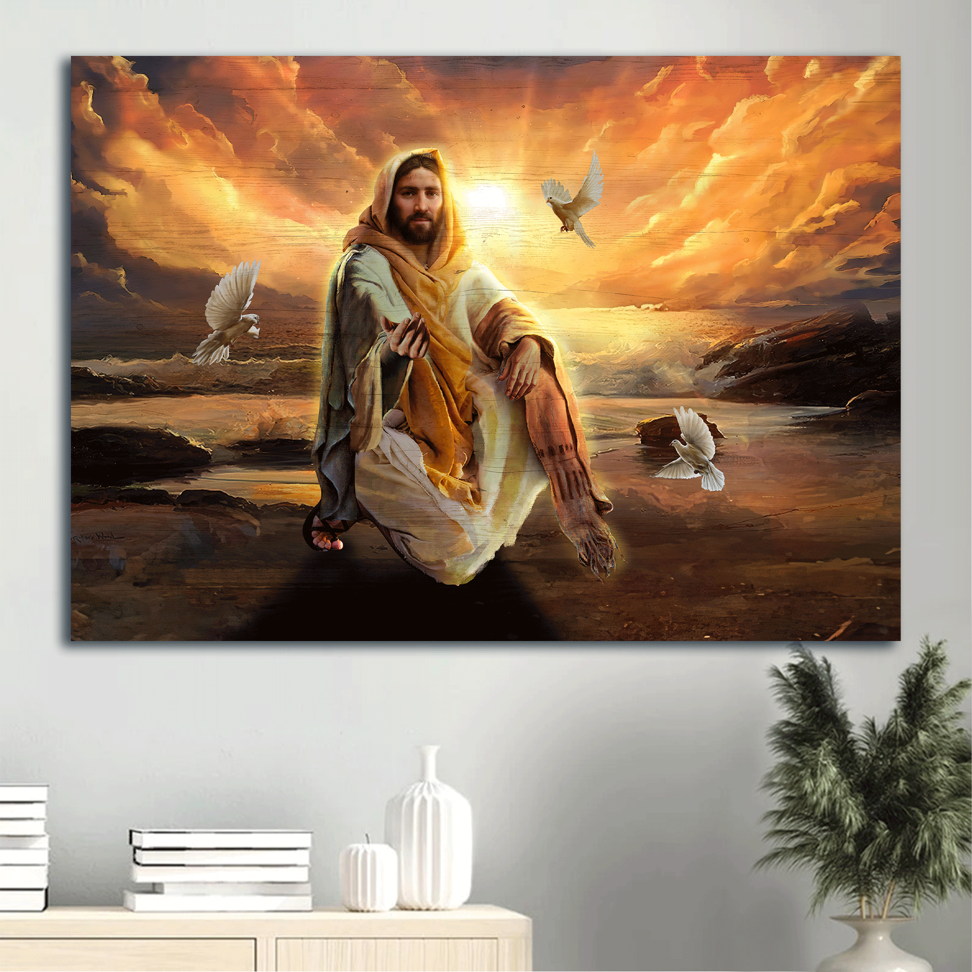 Jesus Landscape Canvas - Walking With Jesus, White Dove, Beautiful Sunset Canvas - Gift For Christian