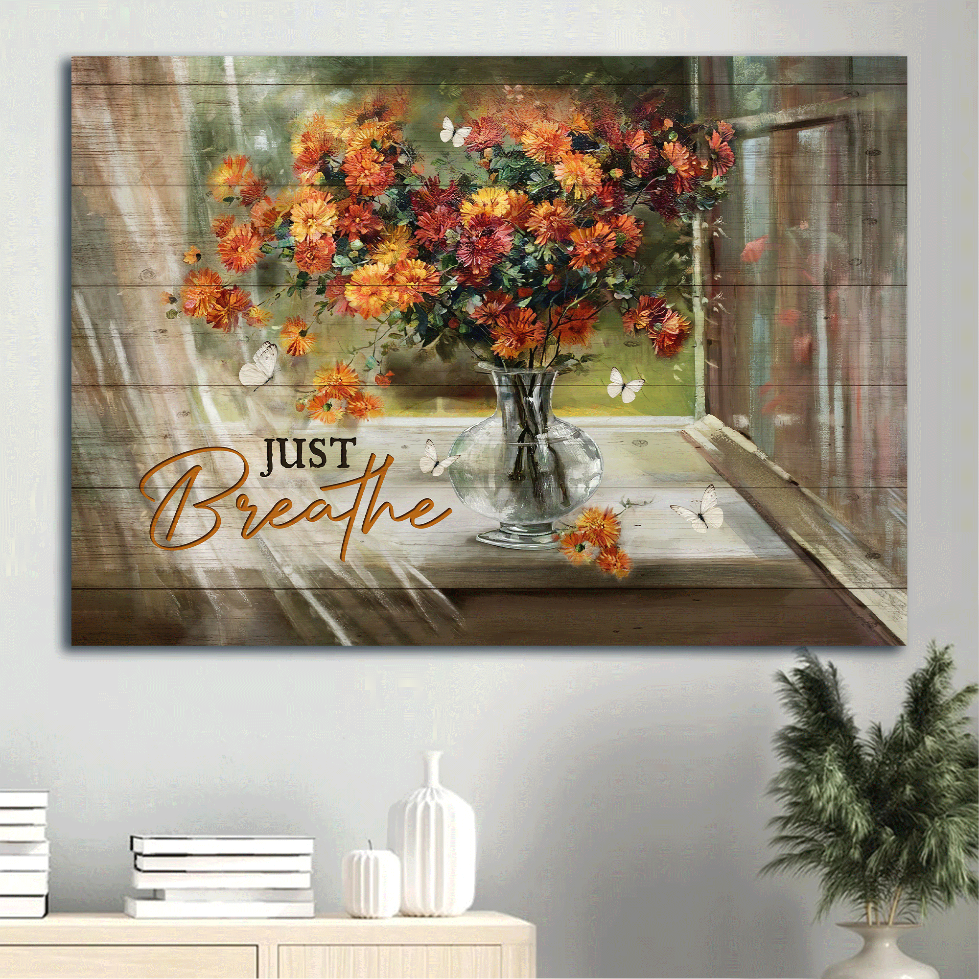 Jesus Landscape Canvas - Vintage Flower Painting, Gorgeous Daisy Vase, White Butterfly Canvas - Gift For Christian - Just Breathe Canvas