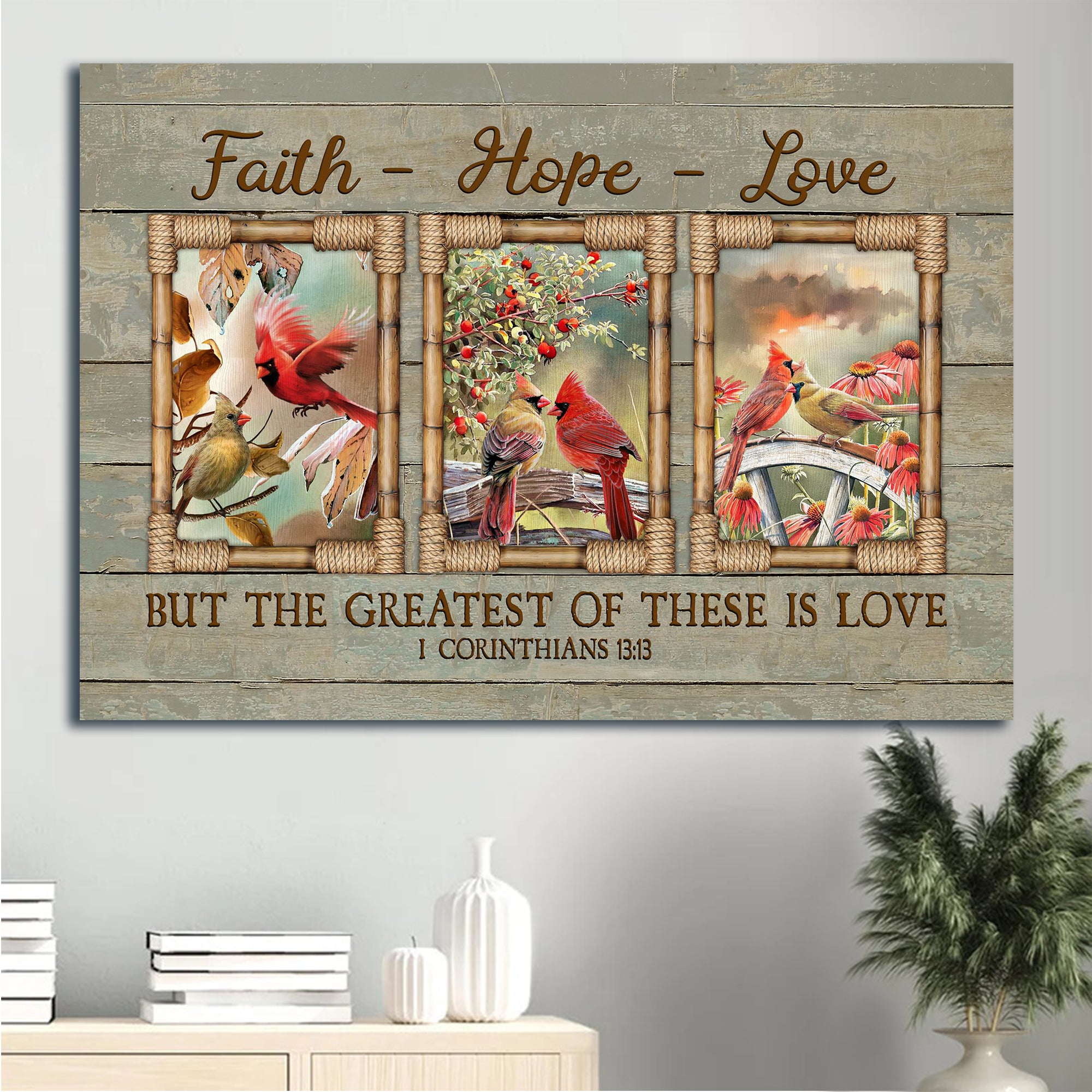 Jesus Landscape Canvas - Cardinal Couple, Bible Verse, Flower Garden Landscape Canvas - Gift For Christian - Faith Hope Love Landscape Canvas