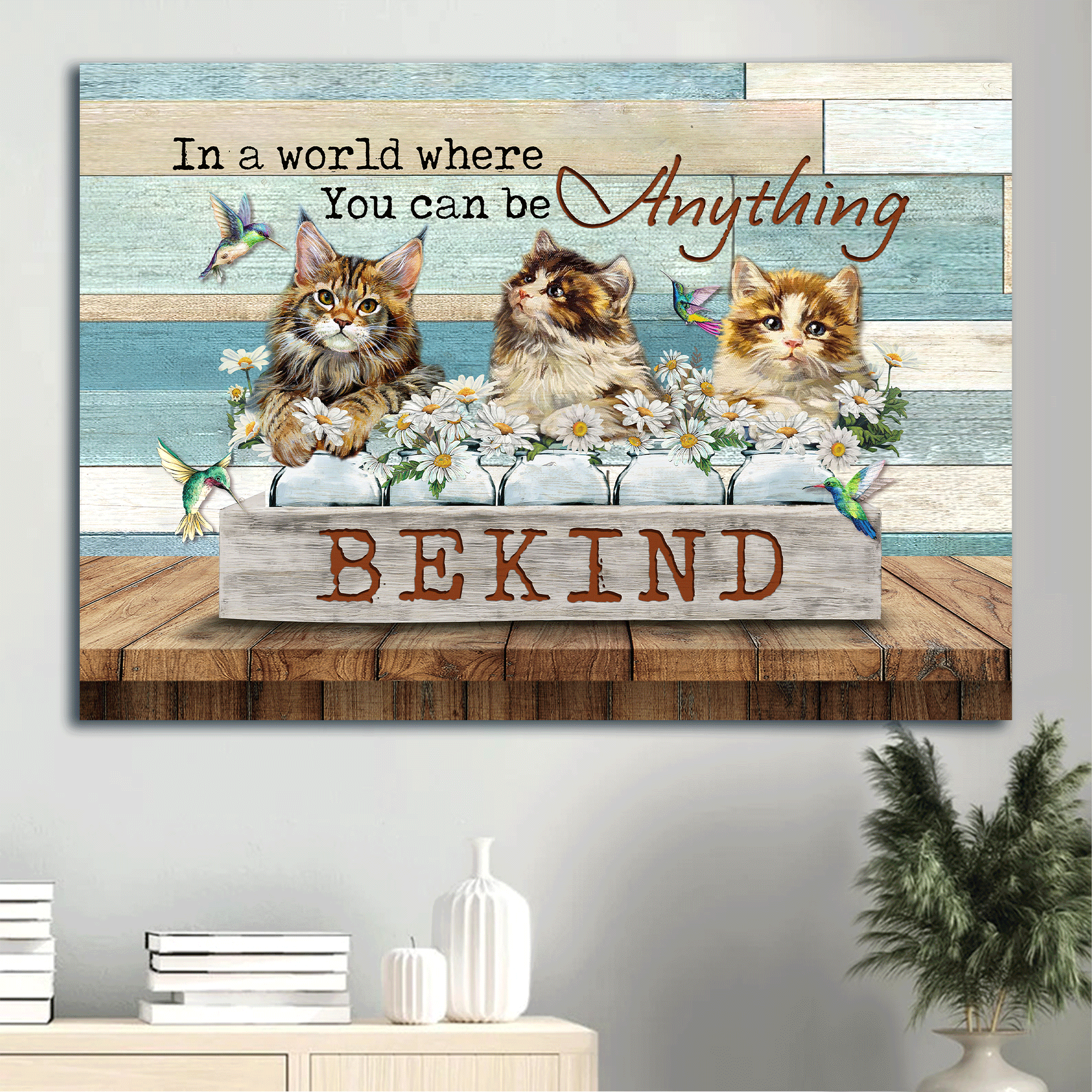 Jesus Landscape Canvas - Beautiful cat drawing, Daisy field, Hummingbird Landscape Canvas - Gift For Christian -  In a world where you can be anything