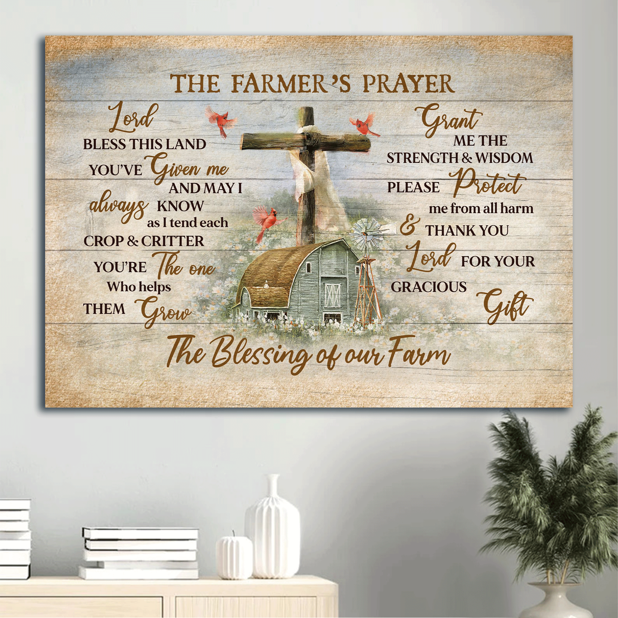 Jesus Landscape Canvas - Peaceful farm, Cardinal, Wooden Cross Landscape Canvas - Gift For Christian - Every moment Thank God Landscape Canvas