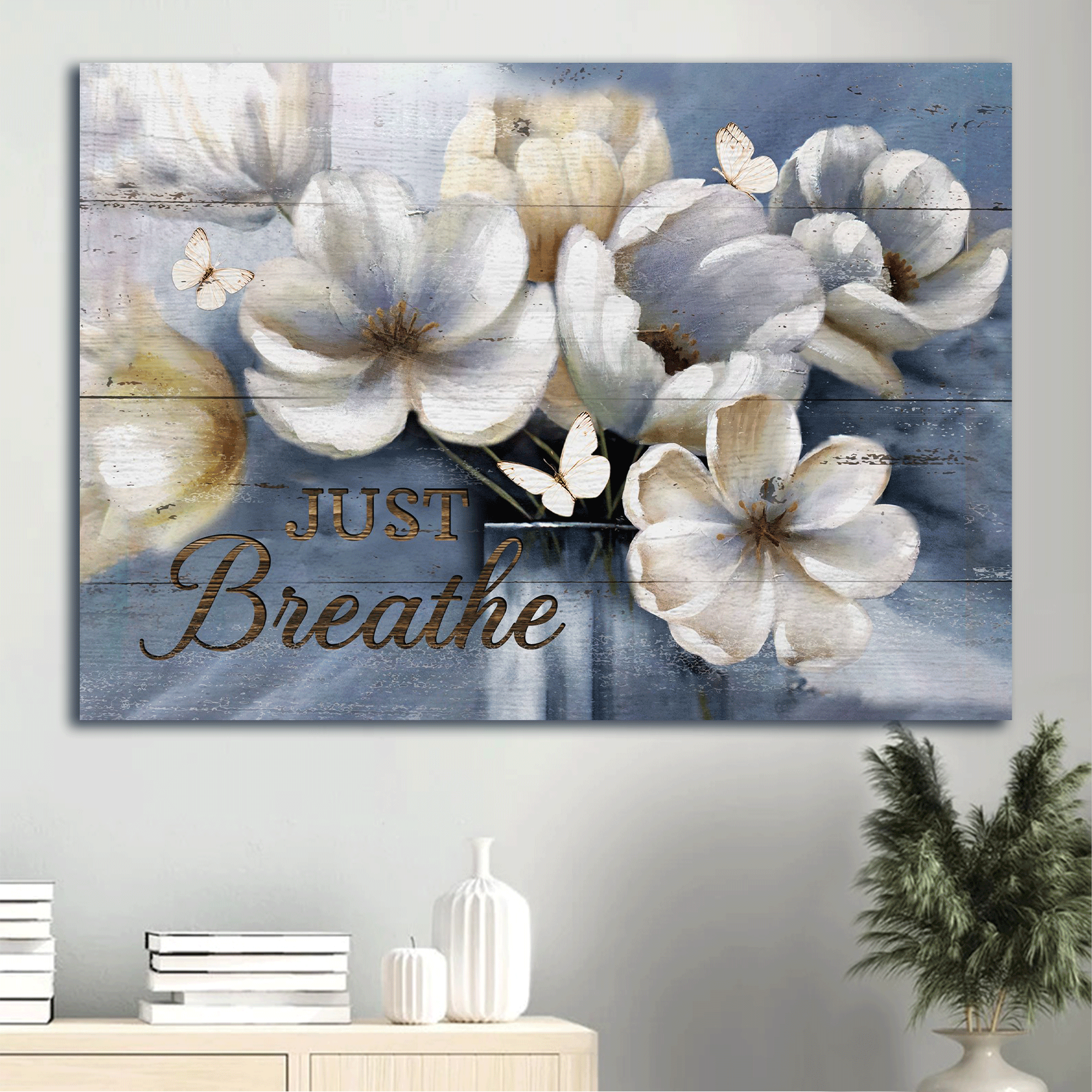 Jesus Landscape Canvas- Beautiful flower, Blue background, Pretty butterfly Canvas- Gift for Christian- Just breathe