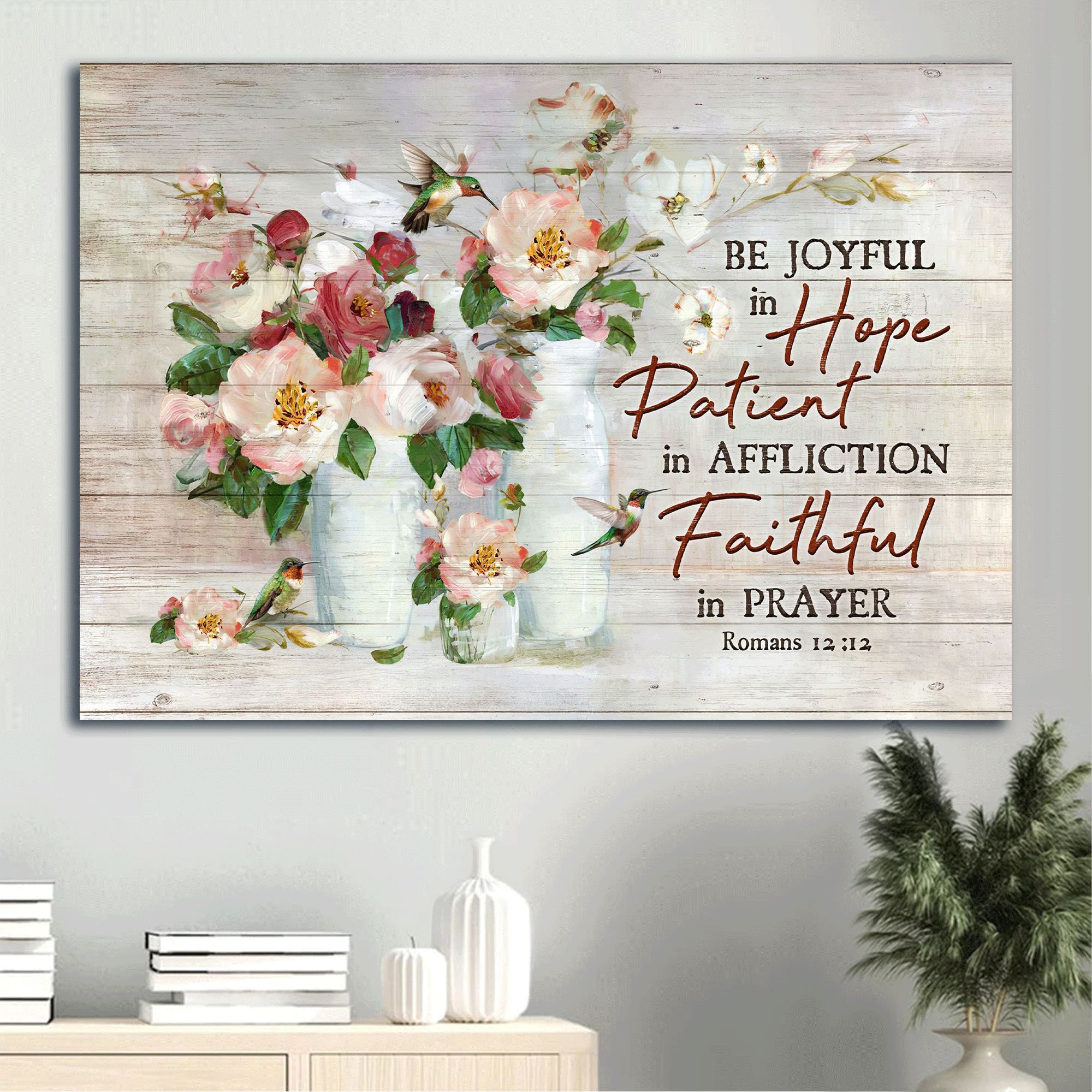 Jesus Landscape Canvas - Bible verse, Watercolor flowers, Hummingbird painting Landscape Canvas - Gift For Christian - Be joyful in hope