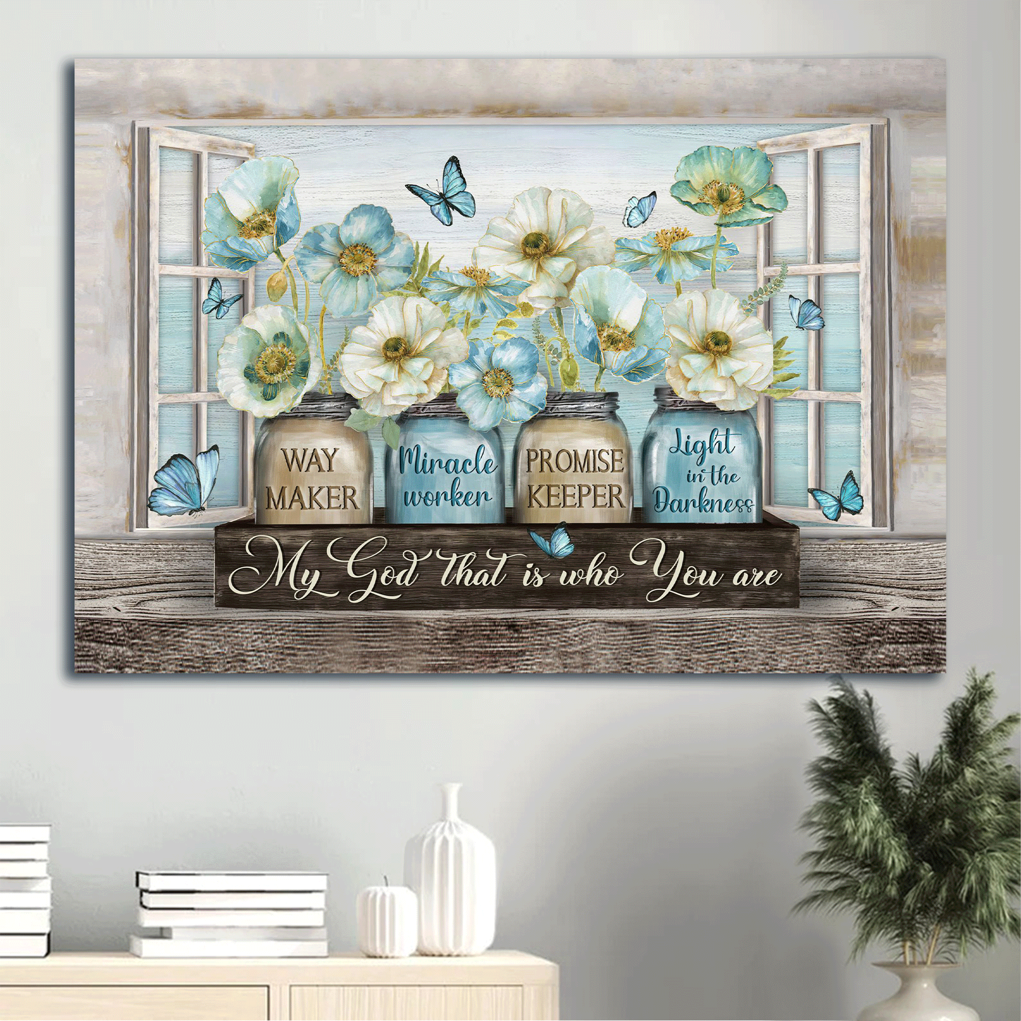 Jesus Landscape Canvas - Pastel jasmine, Blue butterfly, Way maker, Miracle worker Landscape Canvas - Gift For Christian - My God That is Who You Are Landscape Canvas