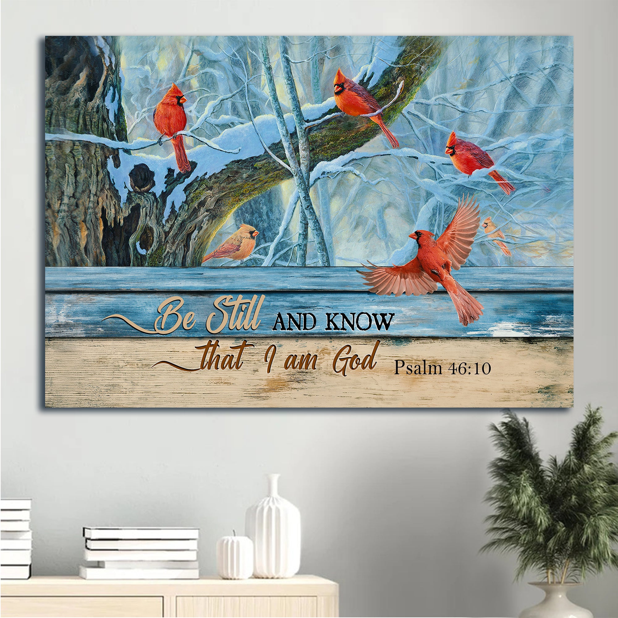 Jesus Landscape Canvas - Cardinal Drawing, Blue Light, Winter Landscape Canvas - Gift For Christian - Be Still And Know That I Am God Landscape Canvas