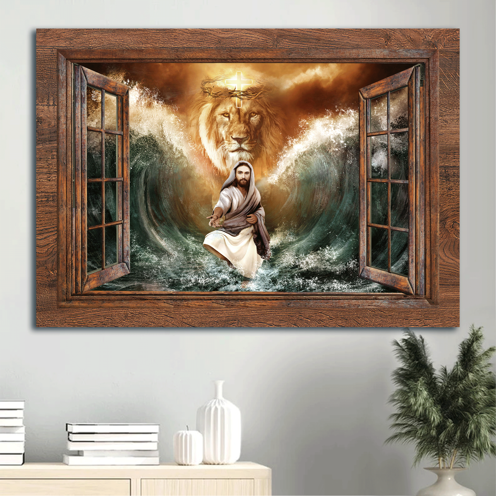 Jesus Landscape Canvas - Gift For Christian - Jesus walks on water, The lion of Judah, Taking Jesus's hand Canvas