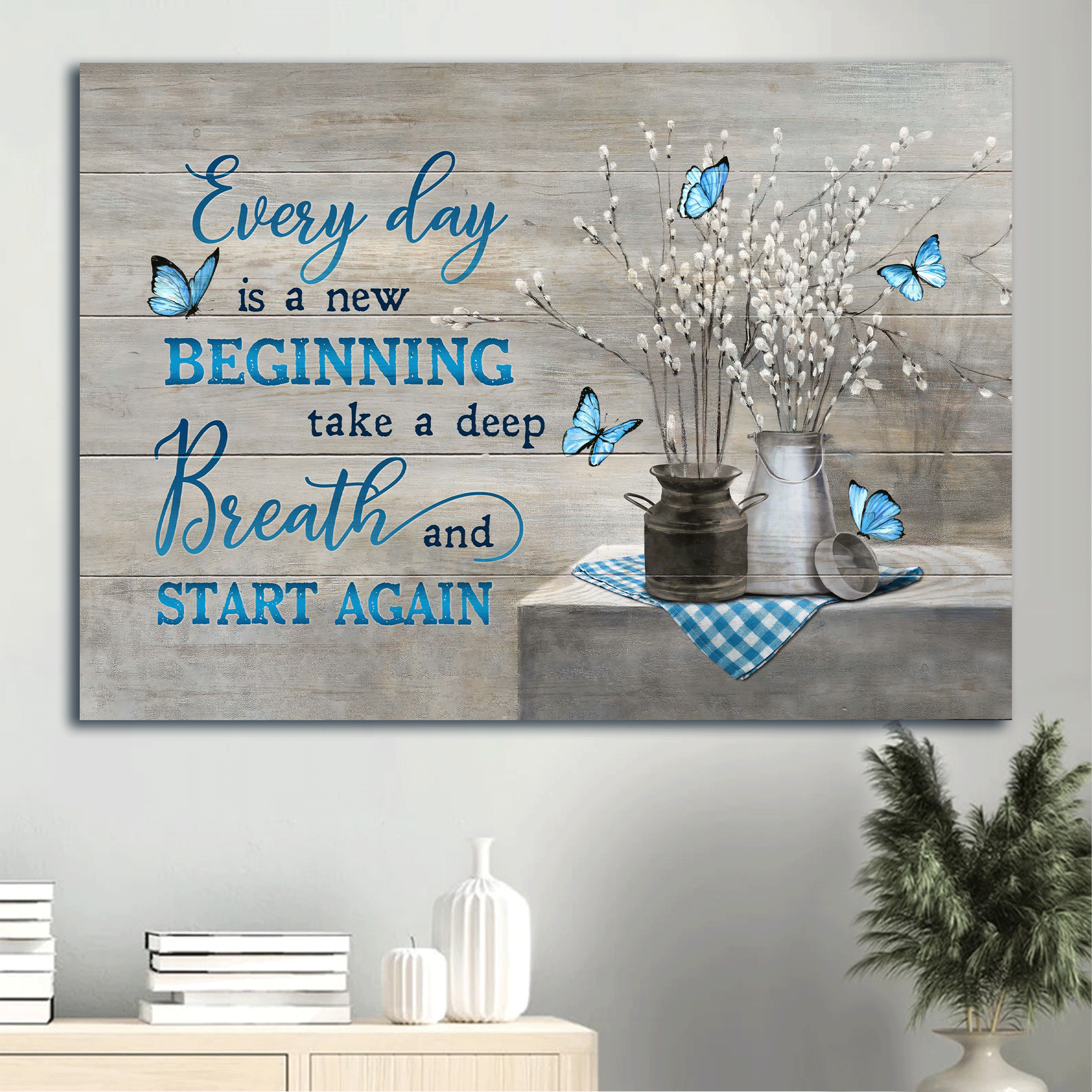 Jesus Landscape Canvas- Blue butterfly, Flowers- Gift for Christian - Everyday is a new beginning - Landscape Canvas Prints, Wall Art