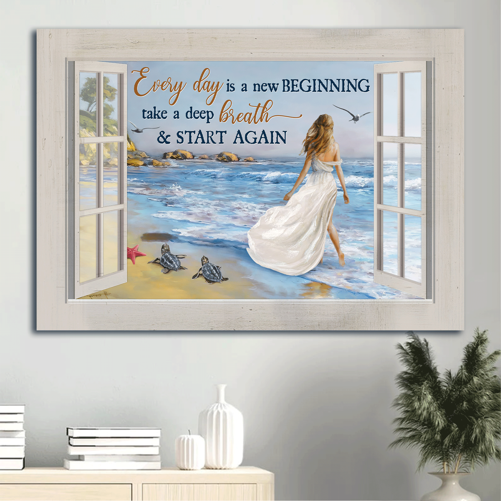 Jesus Landscape Canvas- Beautiful girl, Summer vibe, Sea Turtle canvas- Gift for Christian- Every day is a new beginning