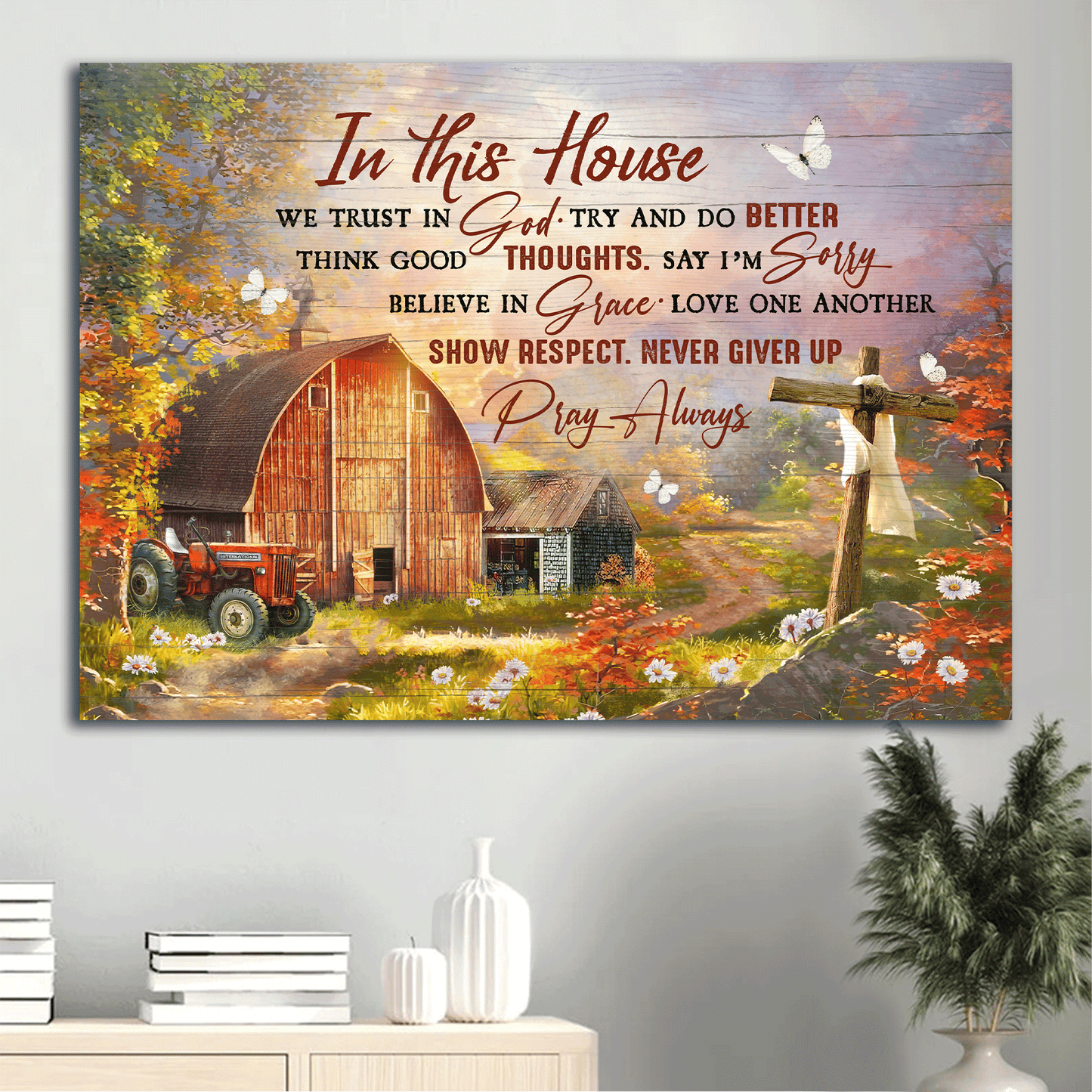 Jesus Landscape Canvas- Autumn Season, Wooden Cross, Rustic Farmhouse, Farm Canvas- Gift For Christian- In This House We Trust In God