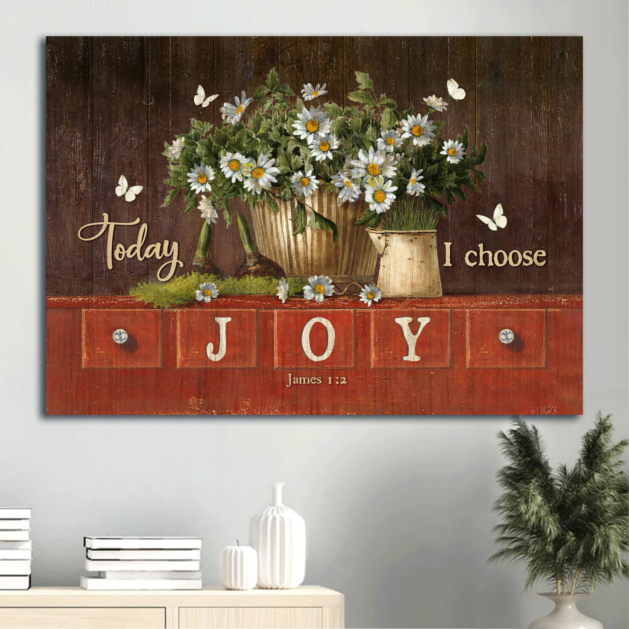 Jesus Landscape Canvas - Lovely daisy vase, White butterfly, Amazing garden, Today I choose joy Landscape Canvas - Gift For Christian Landscape Canvas Prints, Christian Wall Art