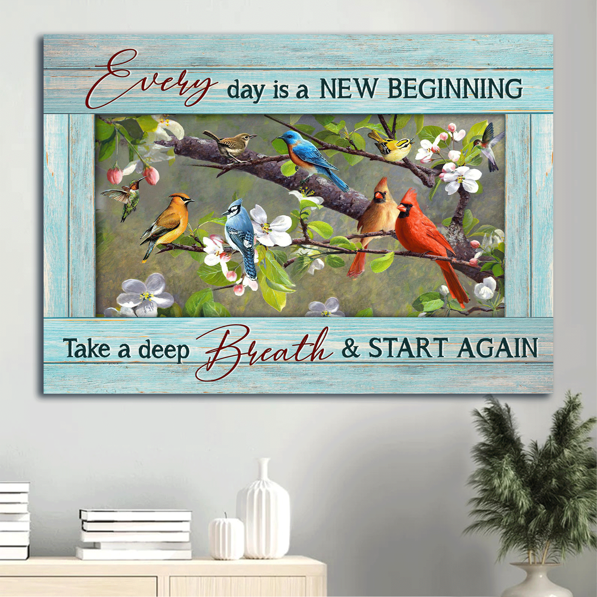 Jesus Landscape Canvas - Colorful Cardinal, Hummingbird Drawing, Peach Blossom, Every Day Is A New Beginning Landscape Canvas - Gift For Christian - Take A Deep Breath And Start Again